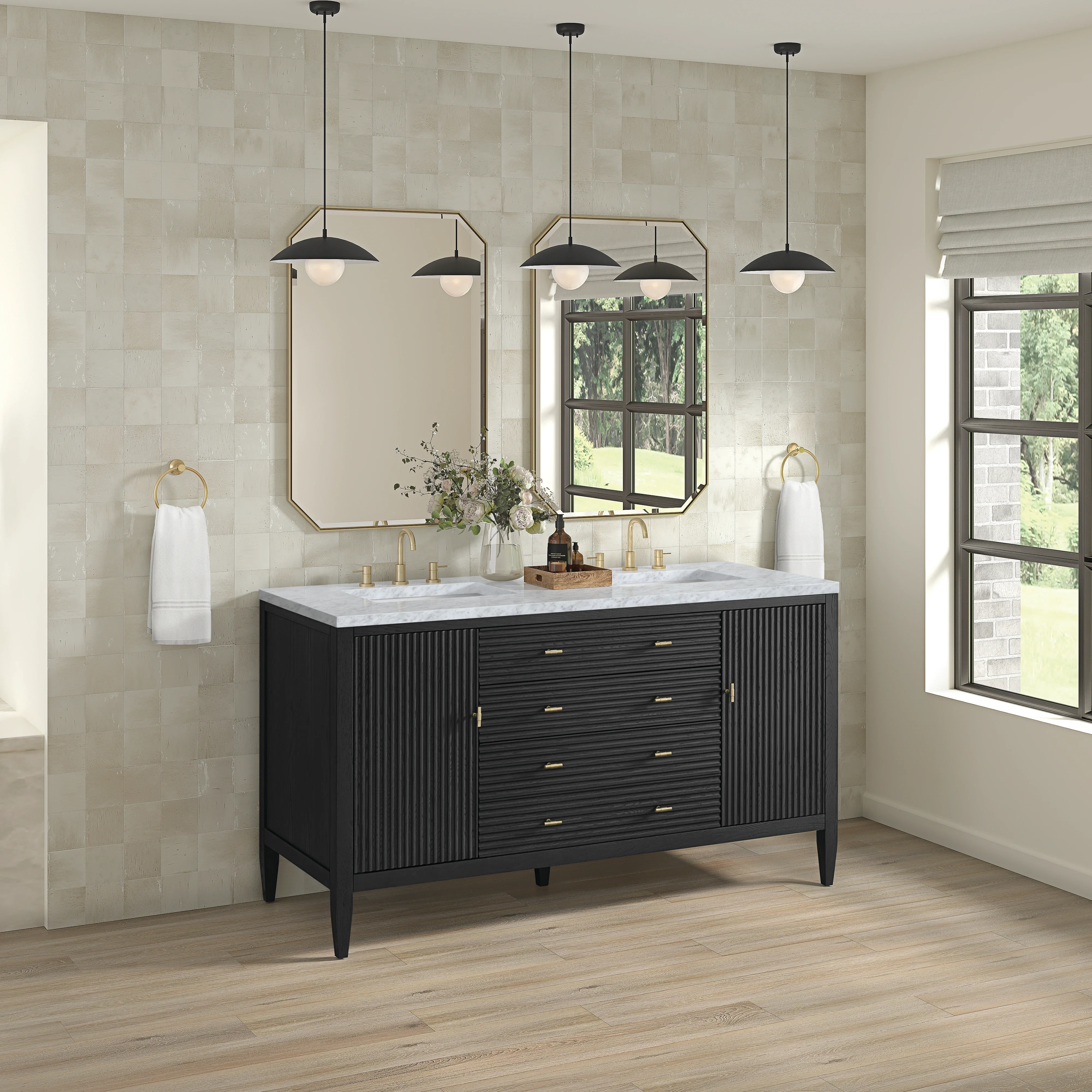 Myrrin 60" Double Vanity, Carbon Oak w/ 3 CM Carrara White Marble Top
