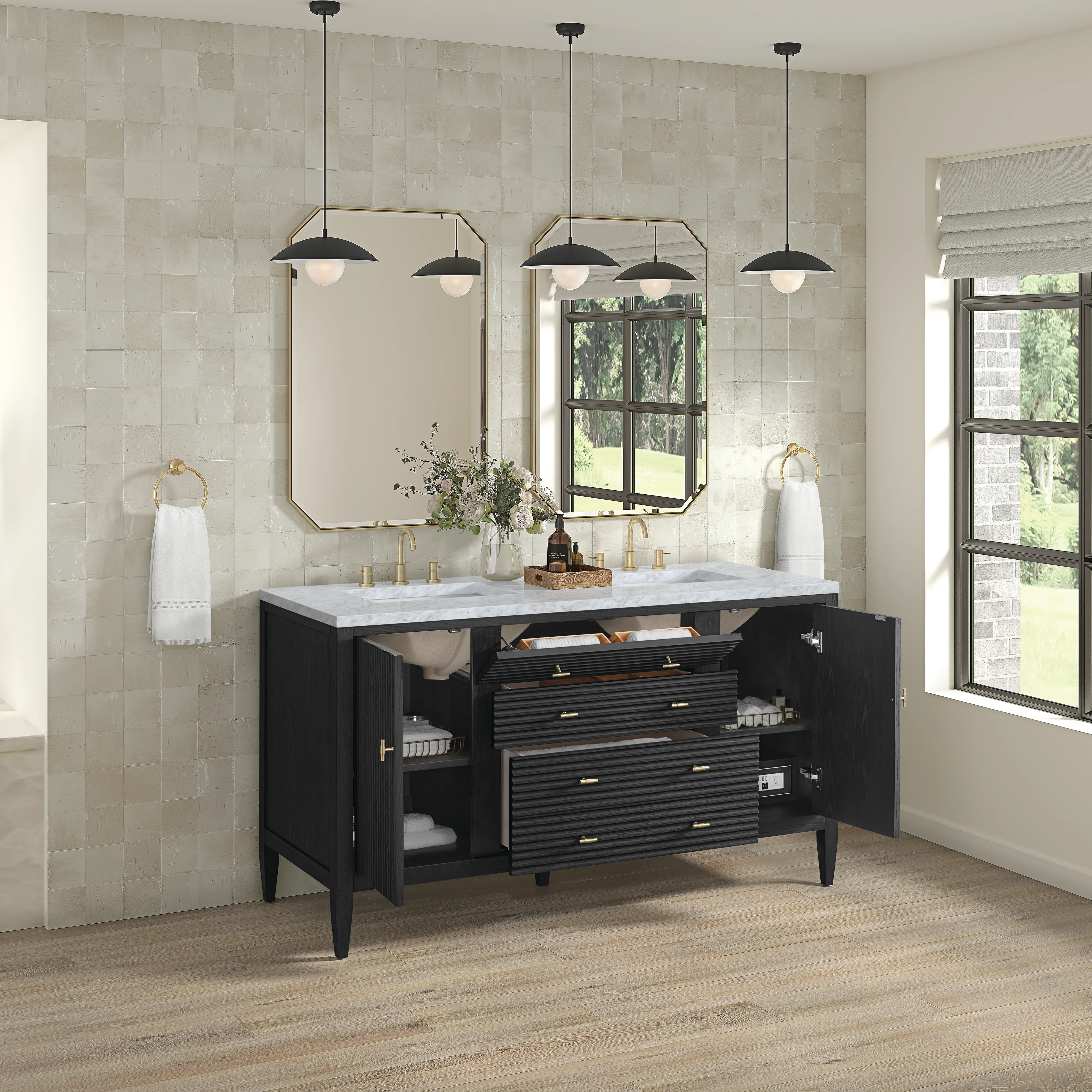 Myrrin 60" Double Vanity, Carbon Oak w/ 3 CM Carrara White Marble Top