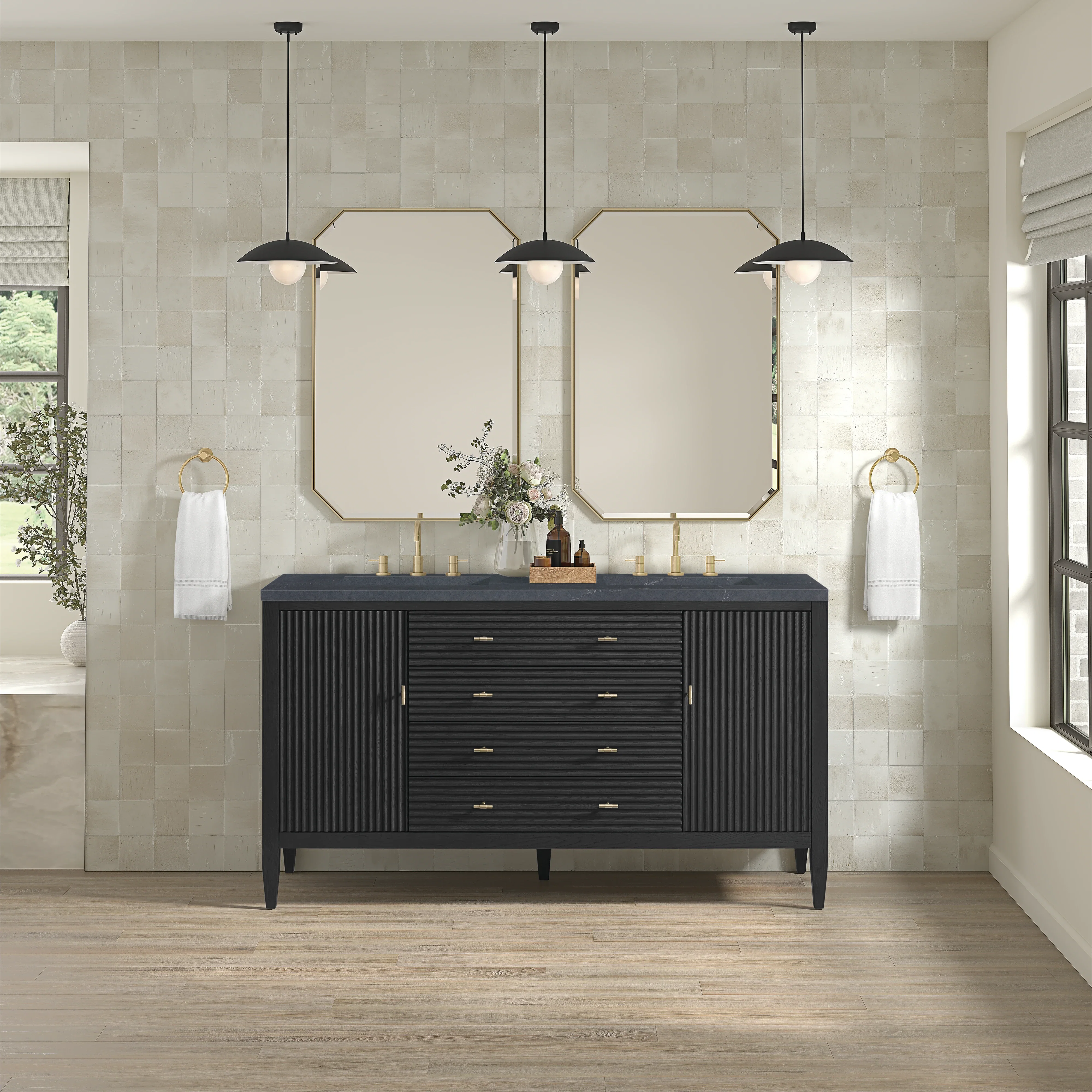 Myrrin 60" Double Vanity, Carbon Oak w/ 3 CM Charcoal Soapstone Silestone Top