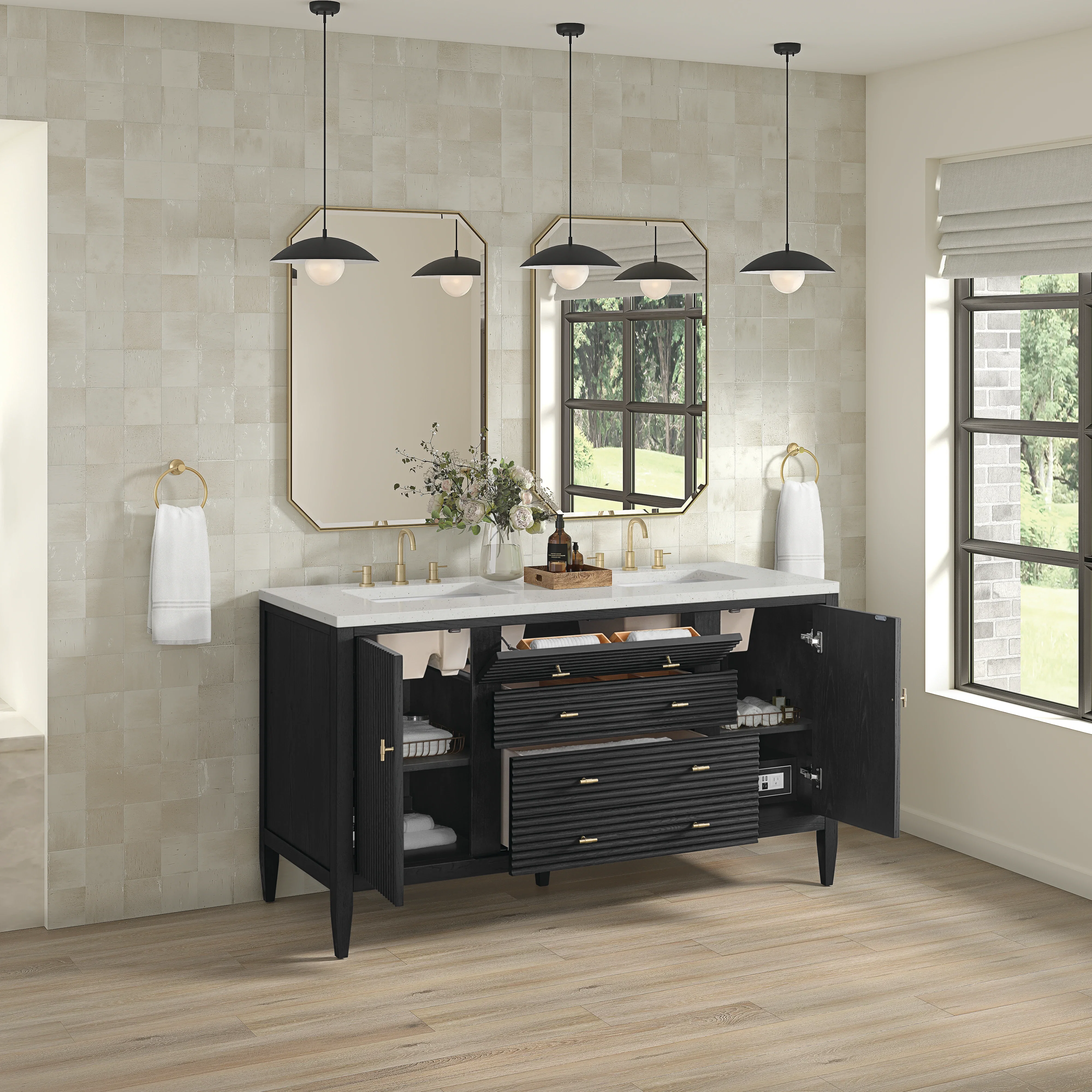 Myrrin 60" Double Vanity, Carbon Oak w/ 3 CM Lime Delight Silestone Top