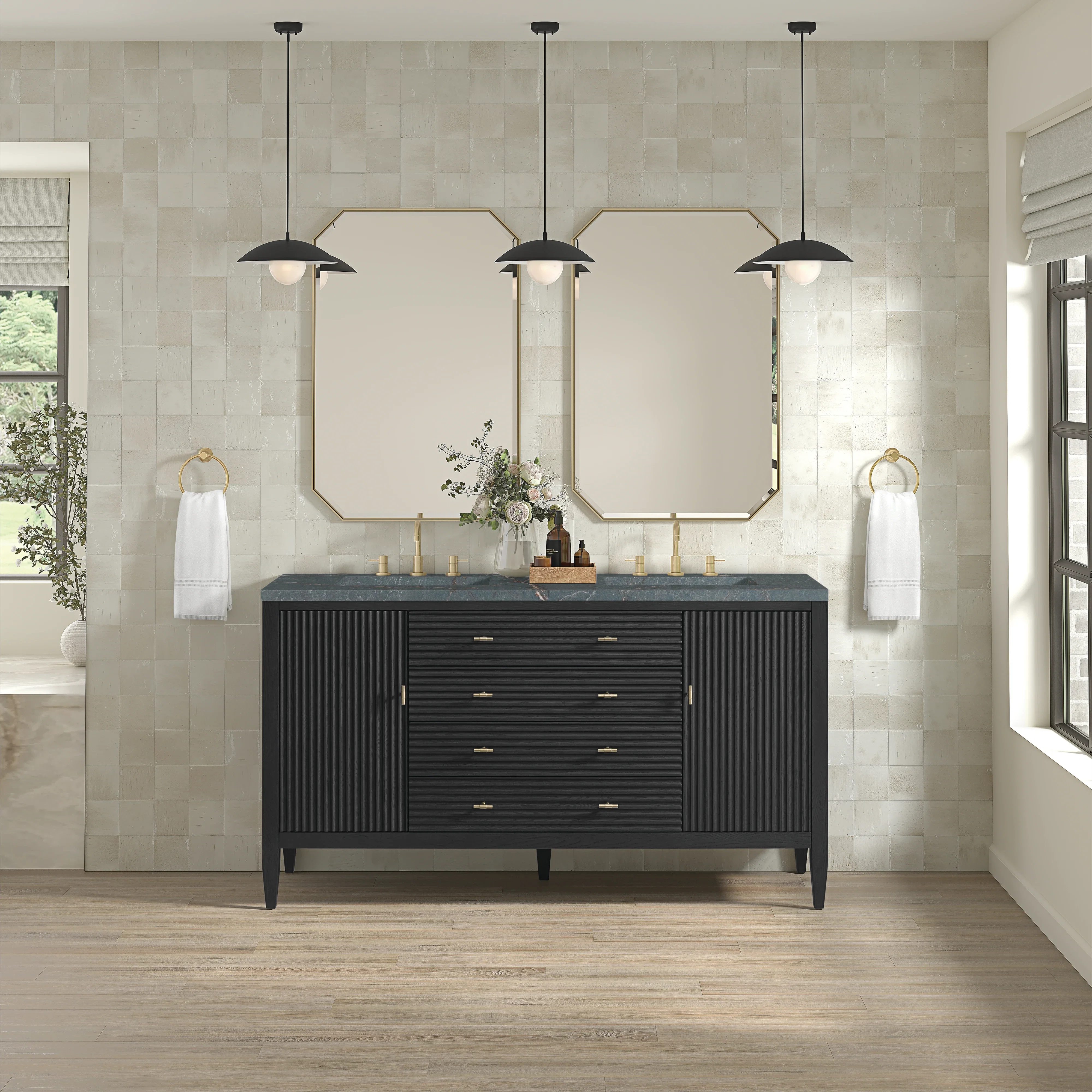 Myrrin 60" Double Vanity, Carbon Oak w/ 3 CM Parisien Bleu Silestone Top