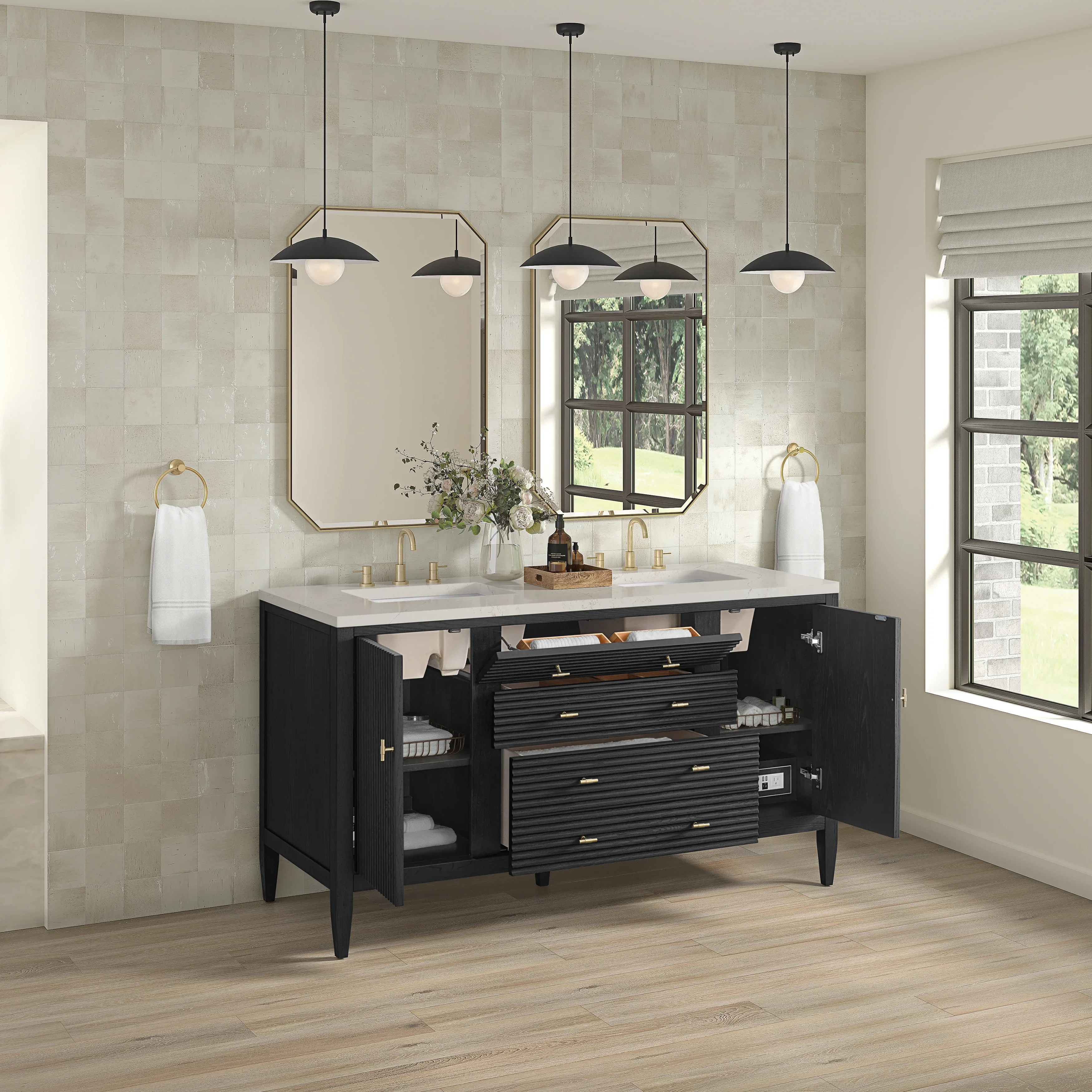 Myrrin 60" Double Vanity, Carbon Oak, w/ 3 CM Siberian Silestone Top