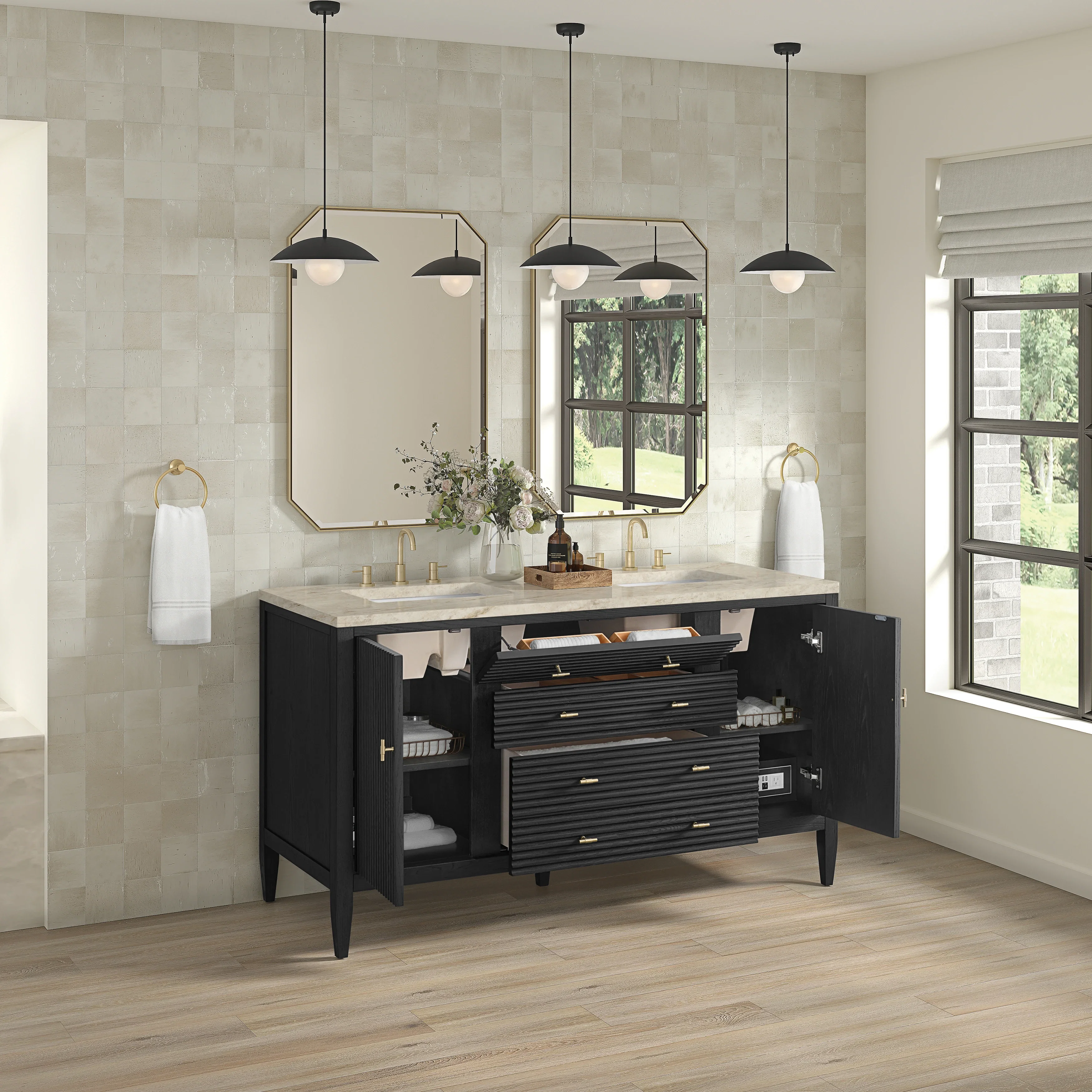 Myrrin 60" Double Vanity, Carbon Oak, w/ 3 CM Tajnar Eclos Top
