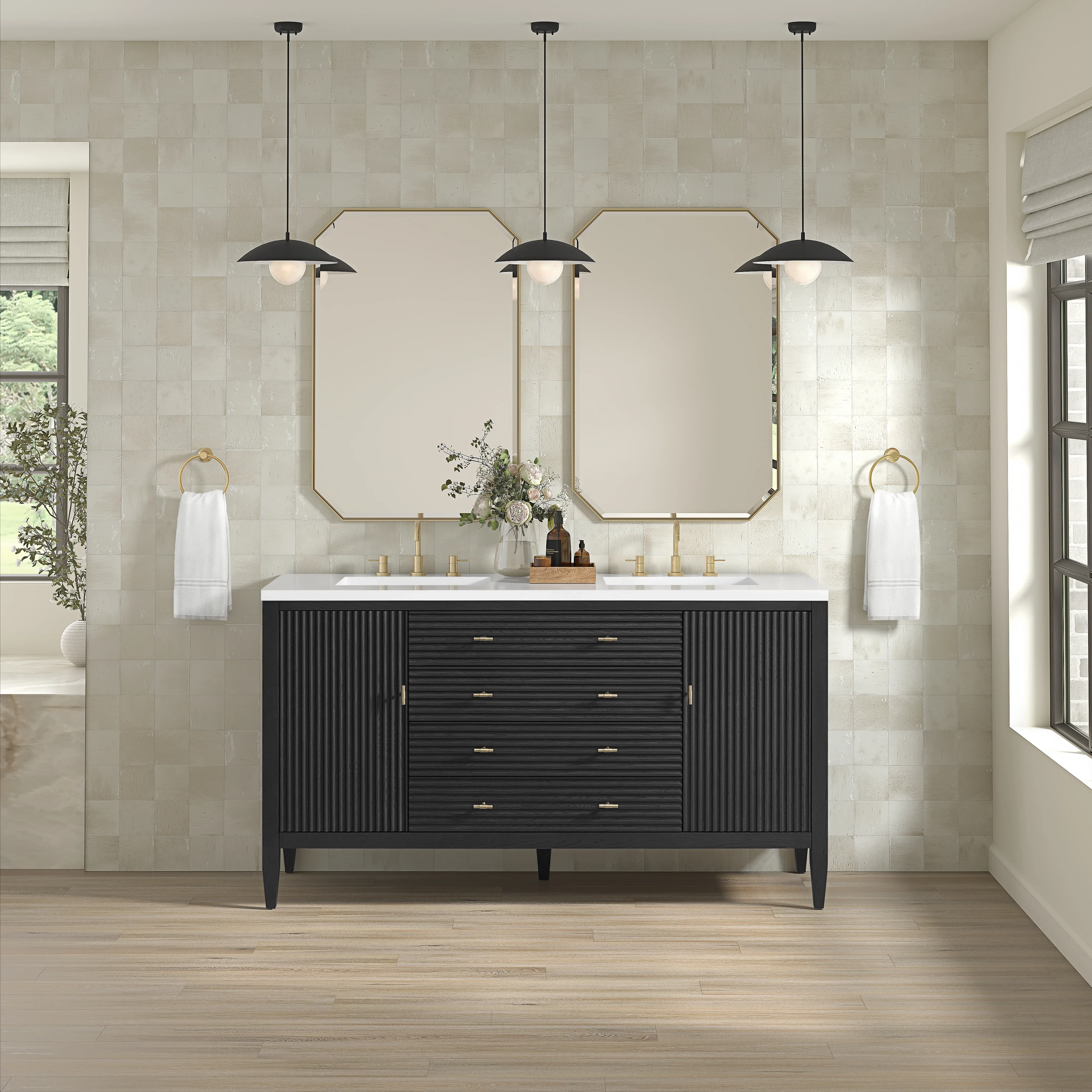 Myrrin 60" Double Vanity, Carbon Oak w/ 3 CM White Zeus Silestone Top