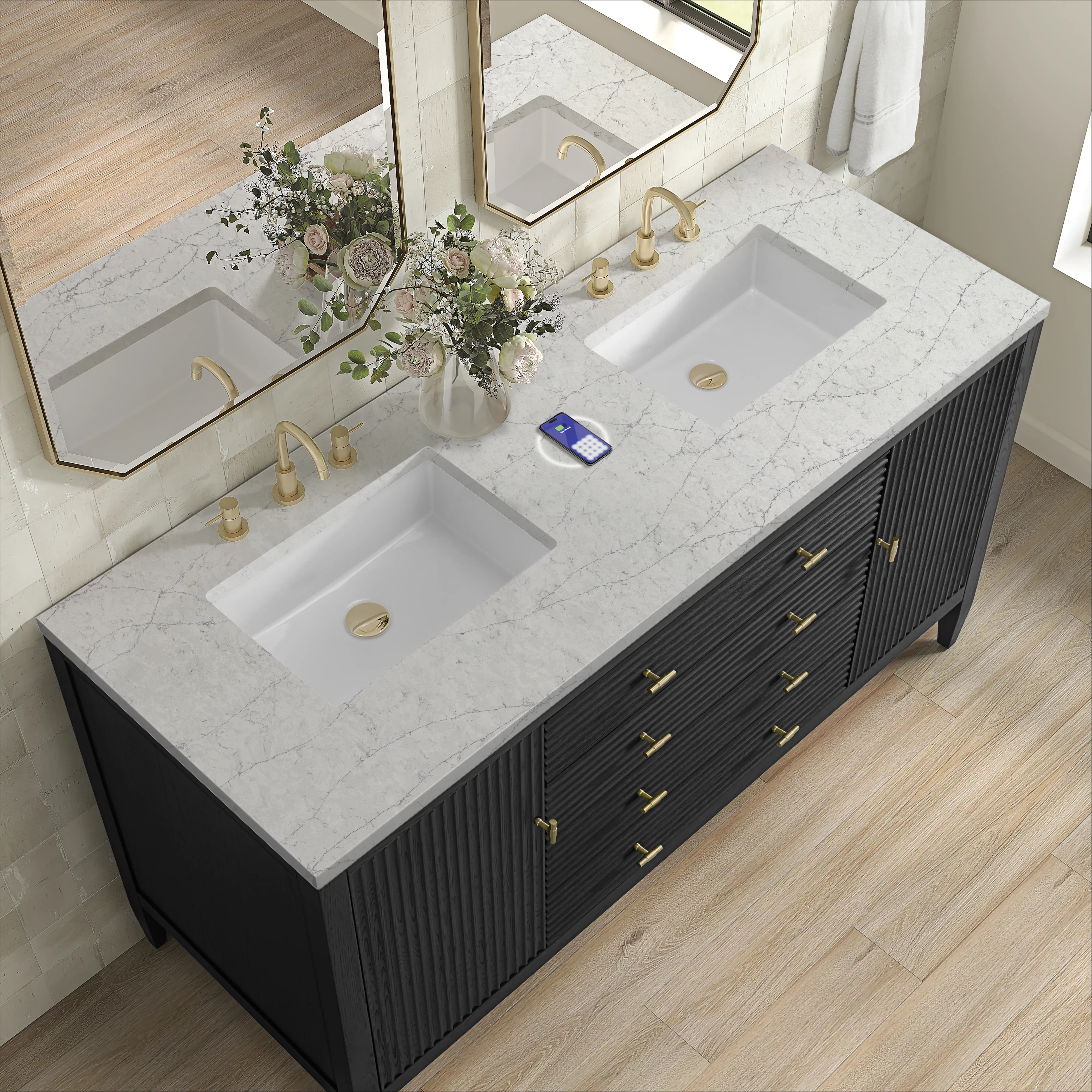 Myrrin 60" Double Vanity, Carbon Oak w/ 3 CM Eternal Jasmine Pearl Silestone Top w/FreePower Wireless Charger