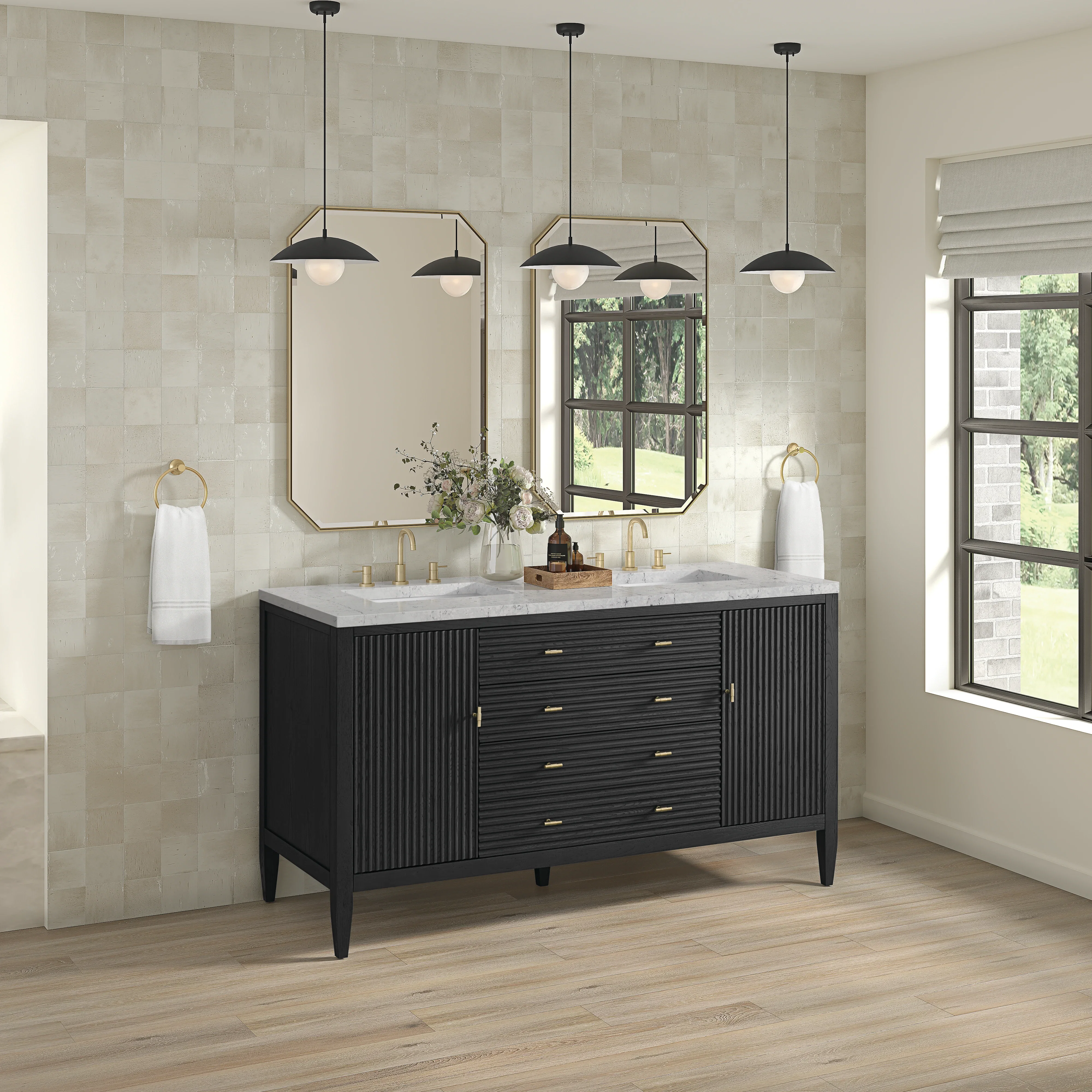 Myrrin 60" Double Vanity, Carbon Oak w/ 3 CM Eternal Jasmine Pearl Silestone Top w/FreePower Wireless Charger