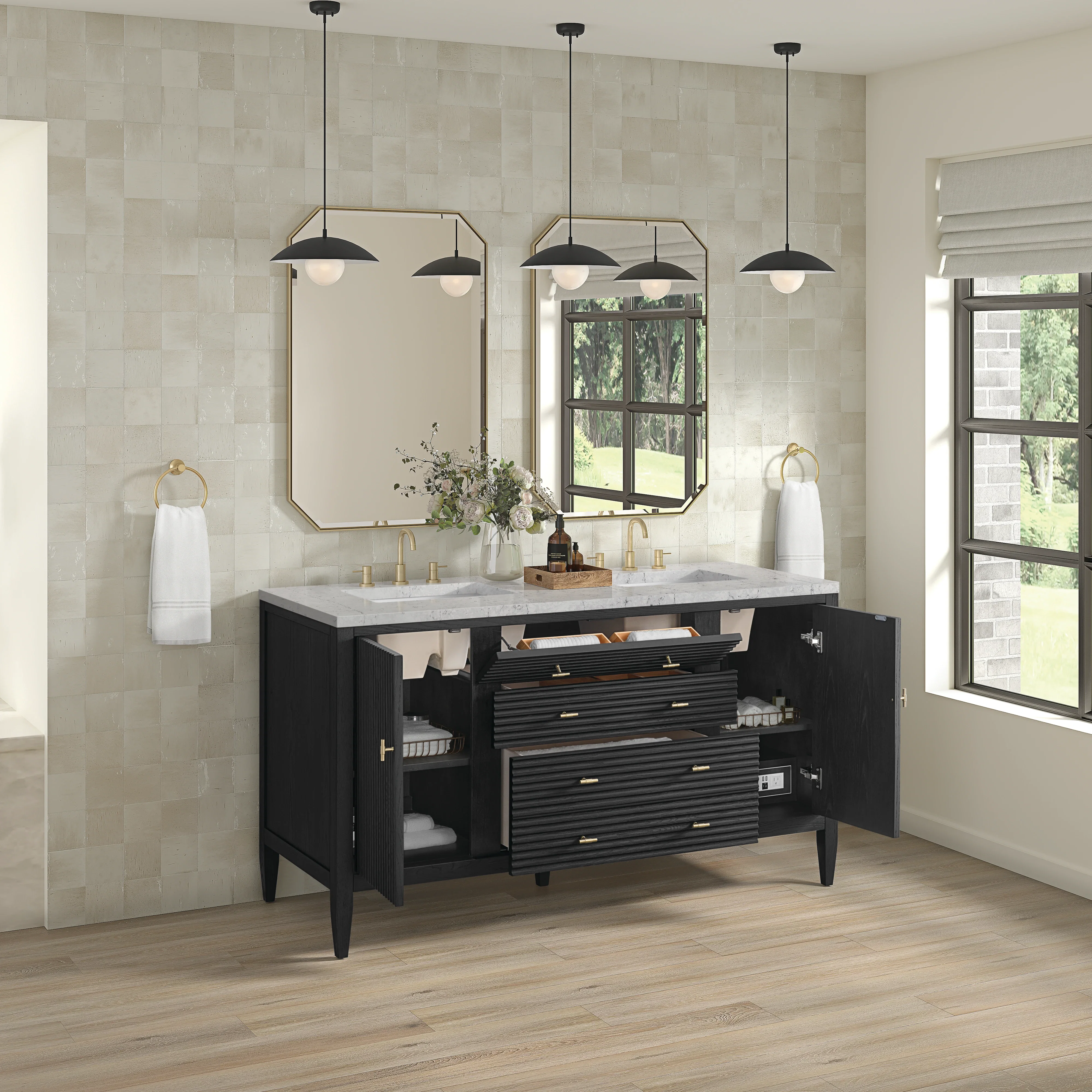 Myrrin 60" Double Vanity, Carbon Oak w/ 3 CM Eternal Jasmine Pearl Silestone Top w/FreePower Wireless Charger