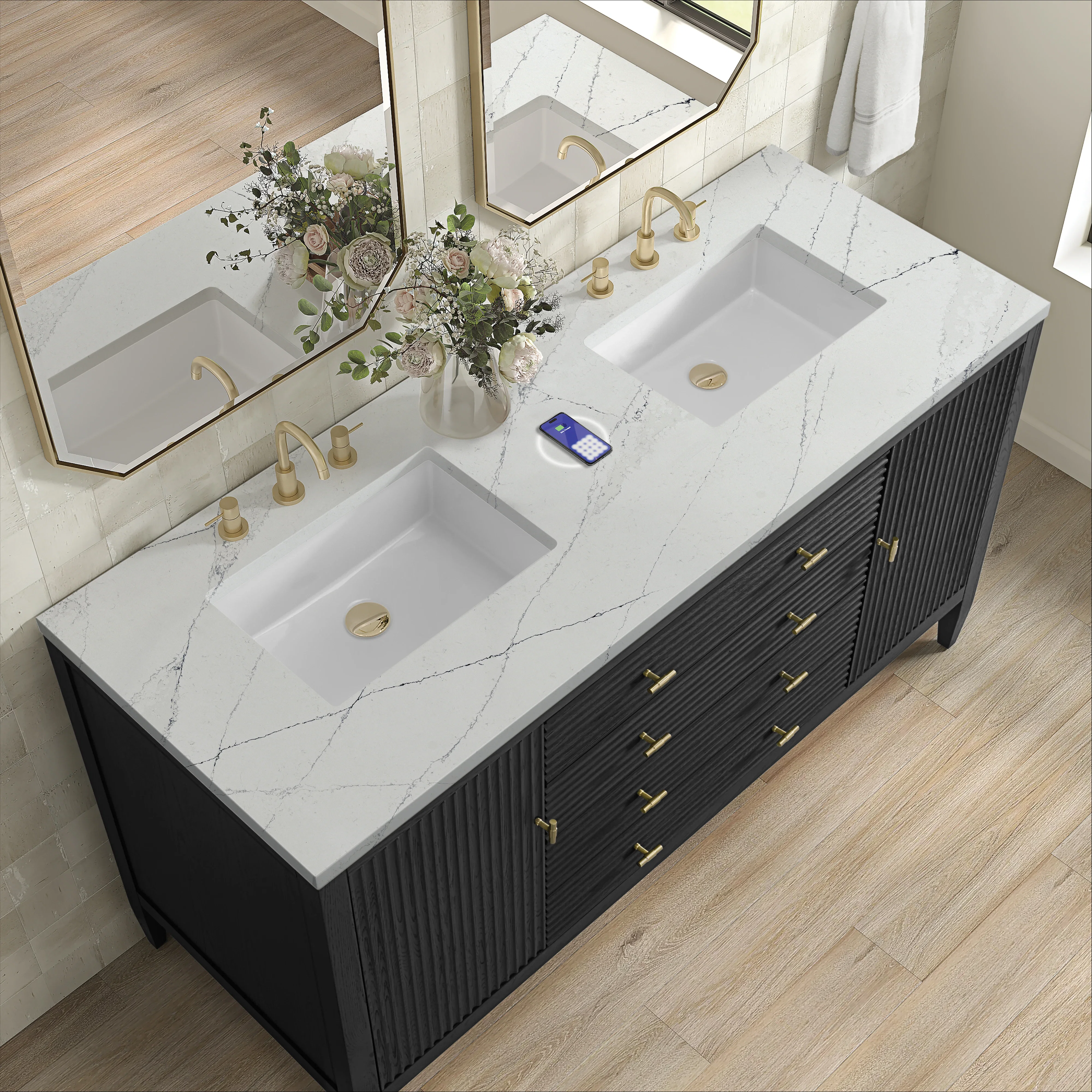 Myrrin 60" Double Vanity, Carbon Oak w/ 3 CM Ethereal Noctis Silestone Top w/FreePower Wireless Charger
