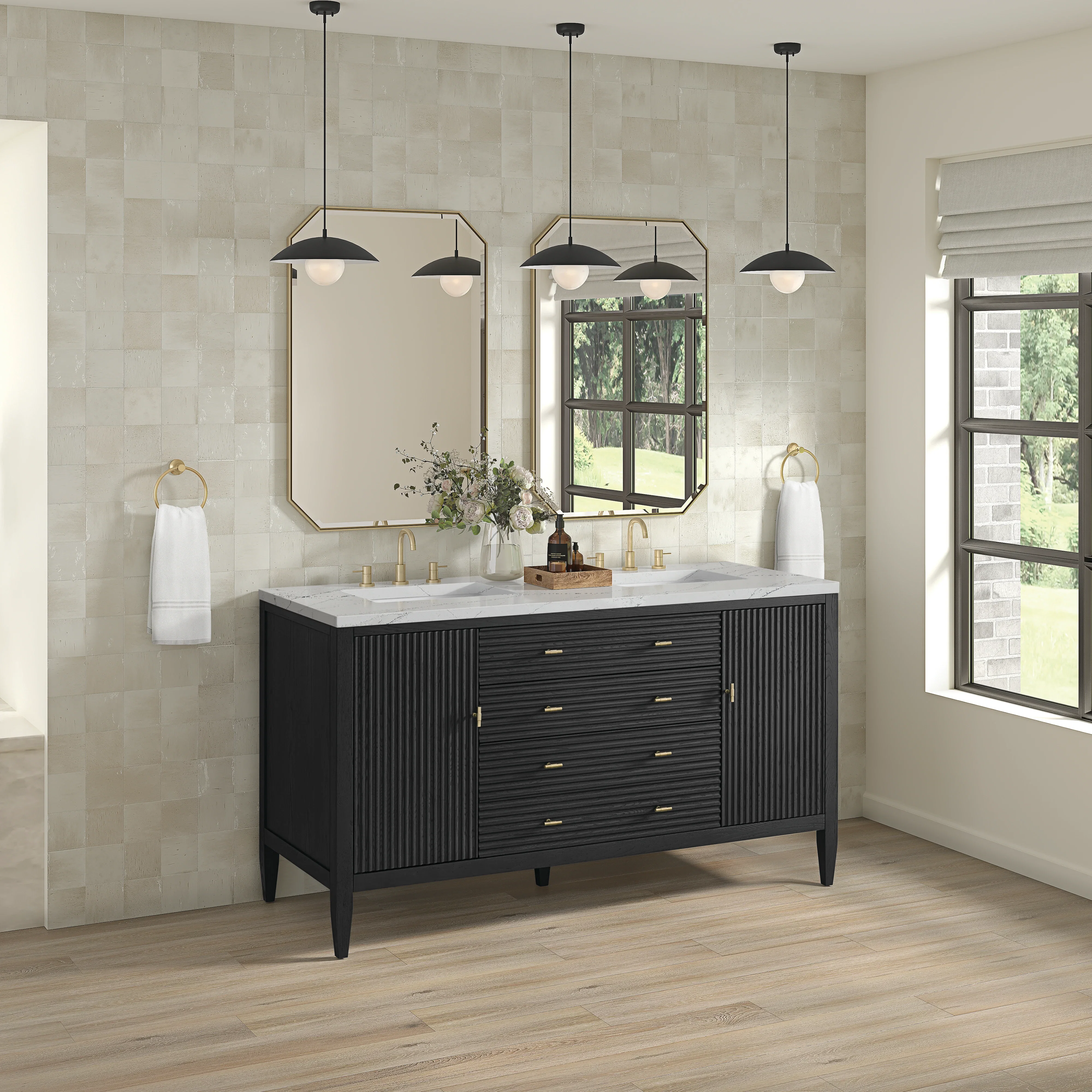 Myrrin 60" Double Vanity, Carbon Oak w/ 3 CM Ethereal Noctis Silestone Top w/FreePower Wireless Charger