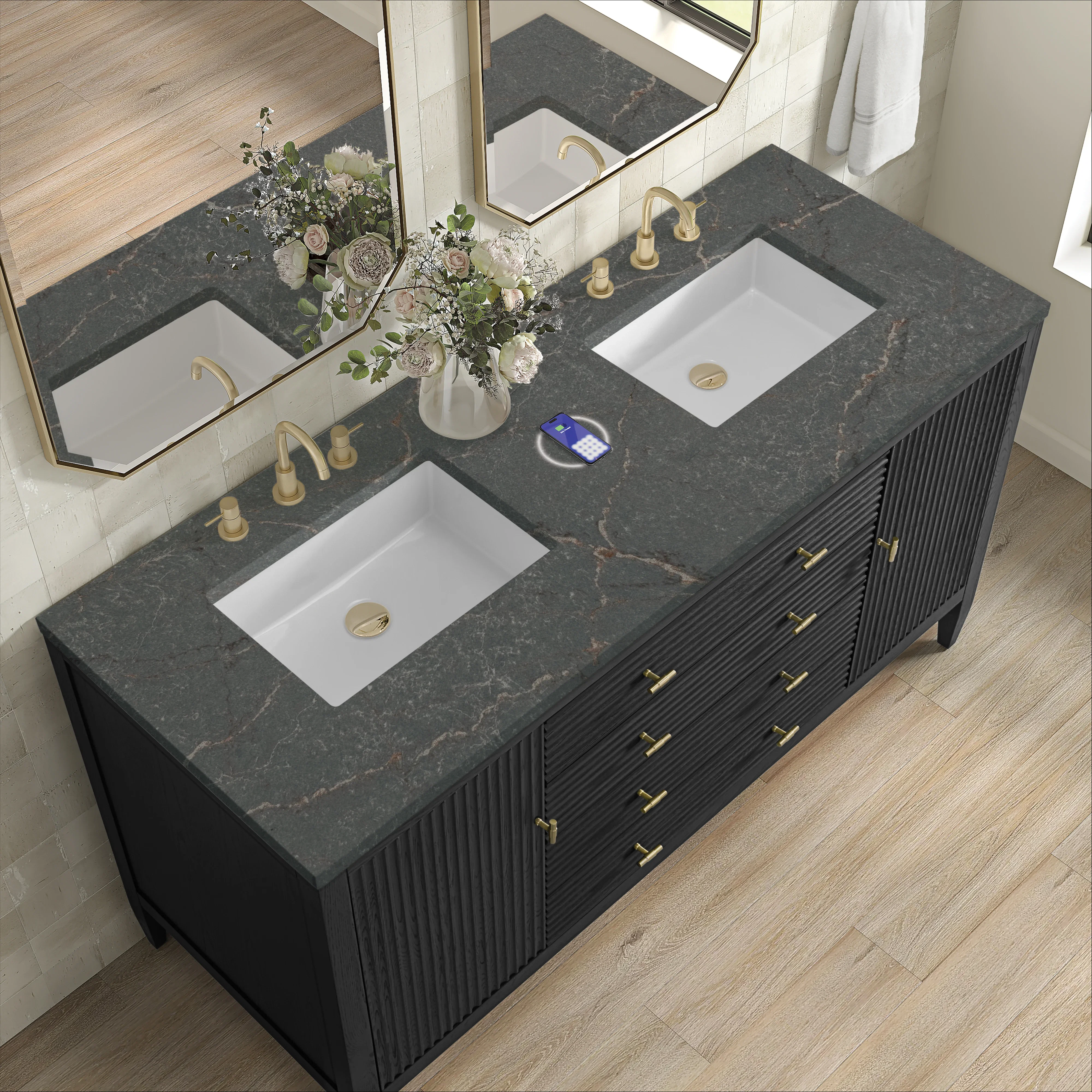 Myrrin 60" Double Vanity, Carbon Oak w/ 3 CM Parisien Bleu Silestone Top w/FreePower Wireless Charger