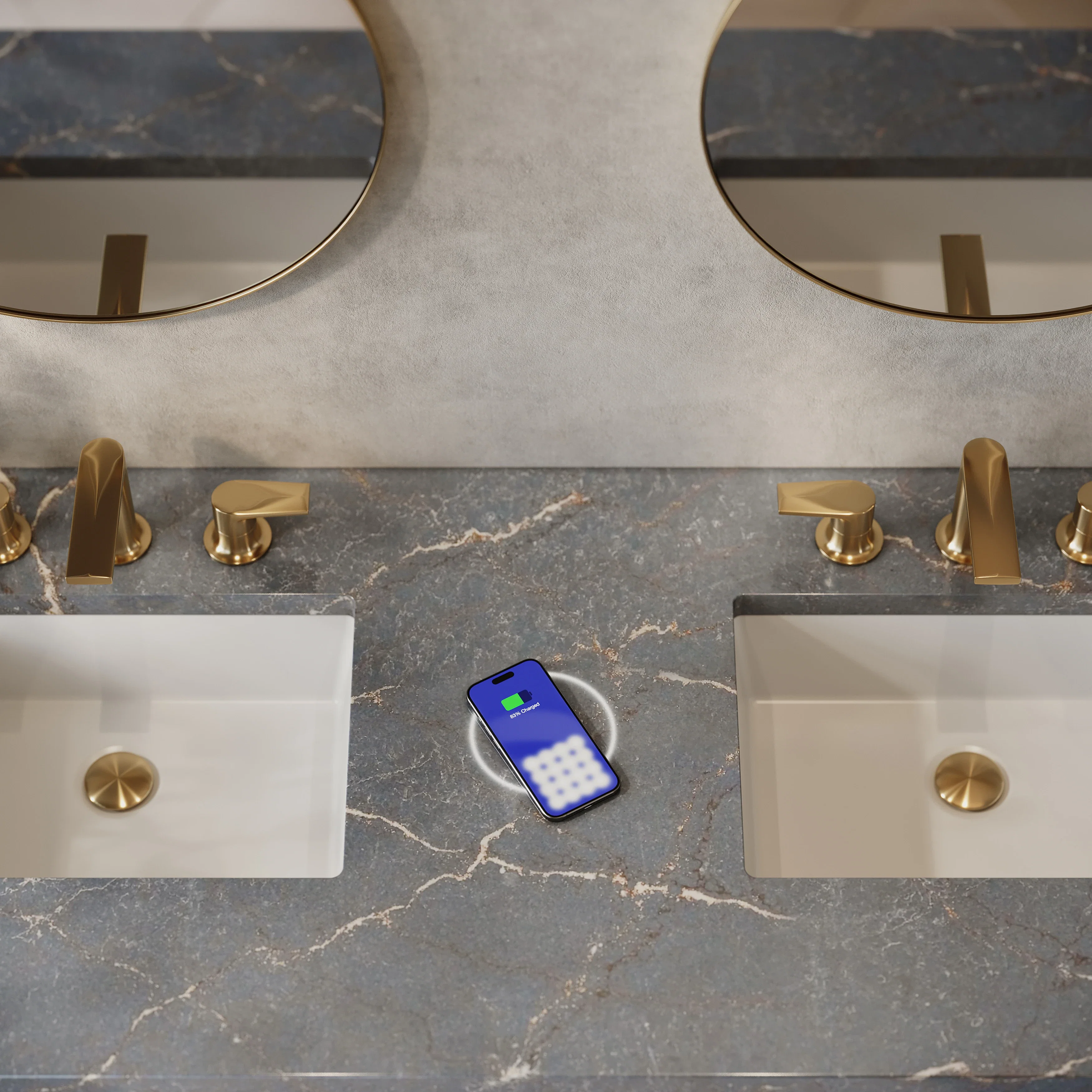 Myrrin 60" Double Vanity, Carbon Oak w/ 3 CM Parisien Bleu Silestone Top w/FreePower Wireless Charger