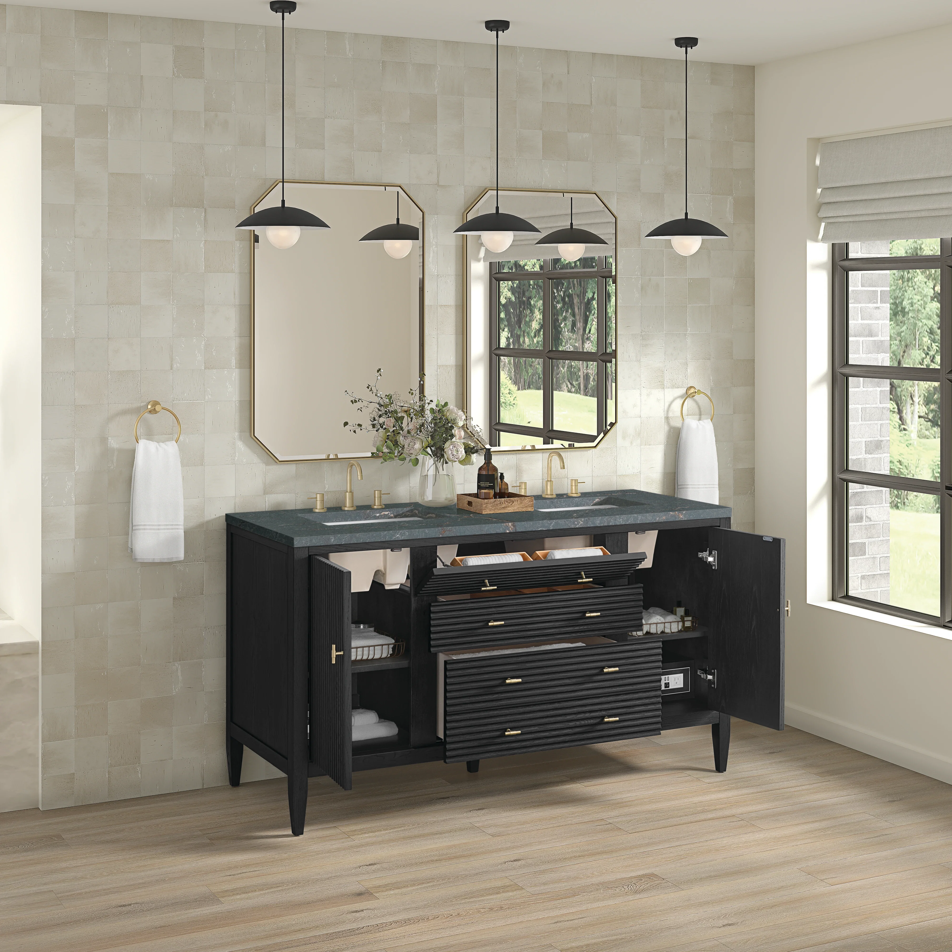 Myrrin 60" Double Vanity, Carbon Oak w/ 3 CM Parisien Bleu Silestone Top w/FreePower Wireless Charger