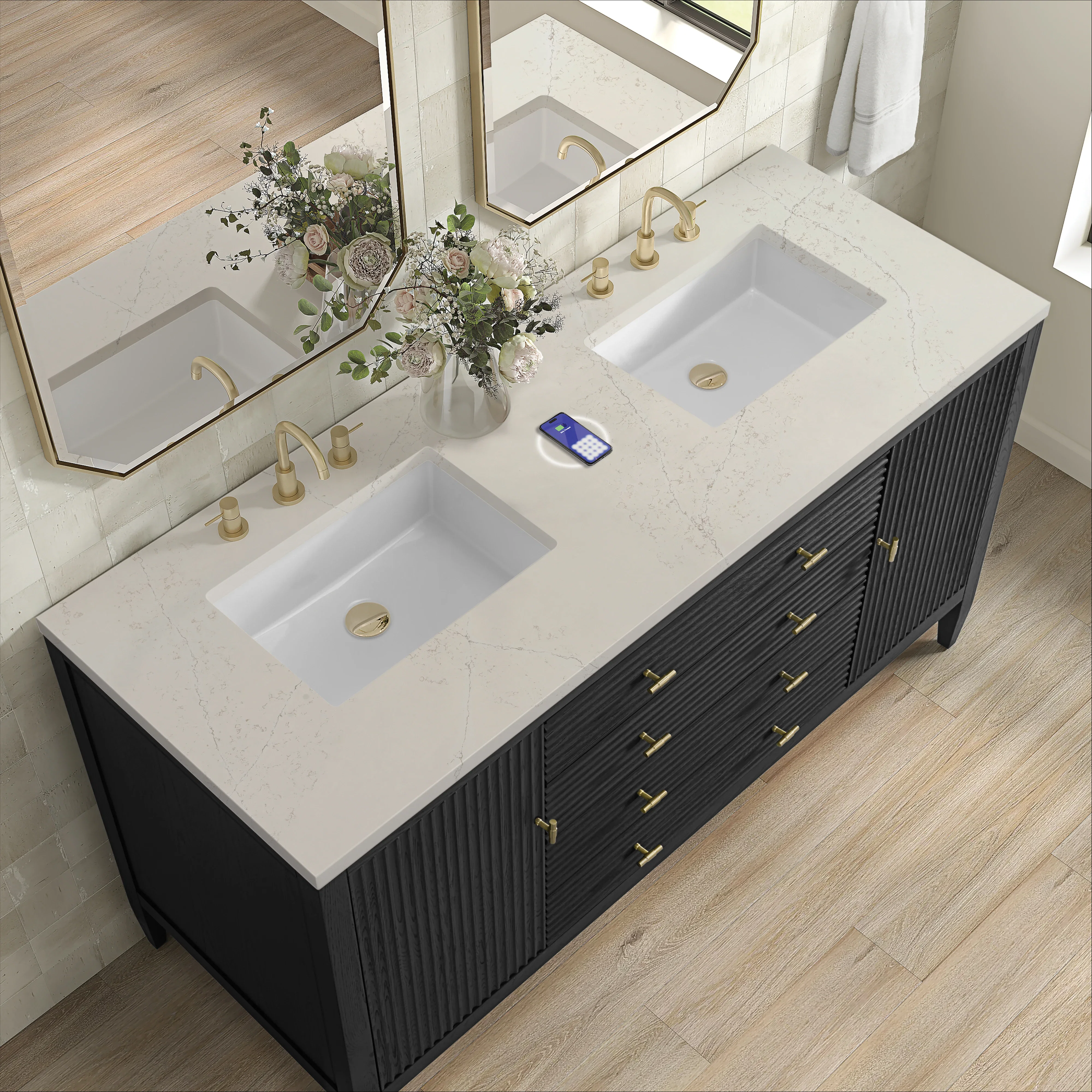 Myrrin 60" Double Vanity, Carbon Oak, w/ 3 CM Siberian Silestone Top w/FreePower Wireless Charger