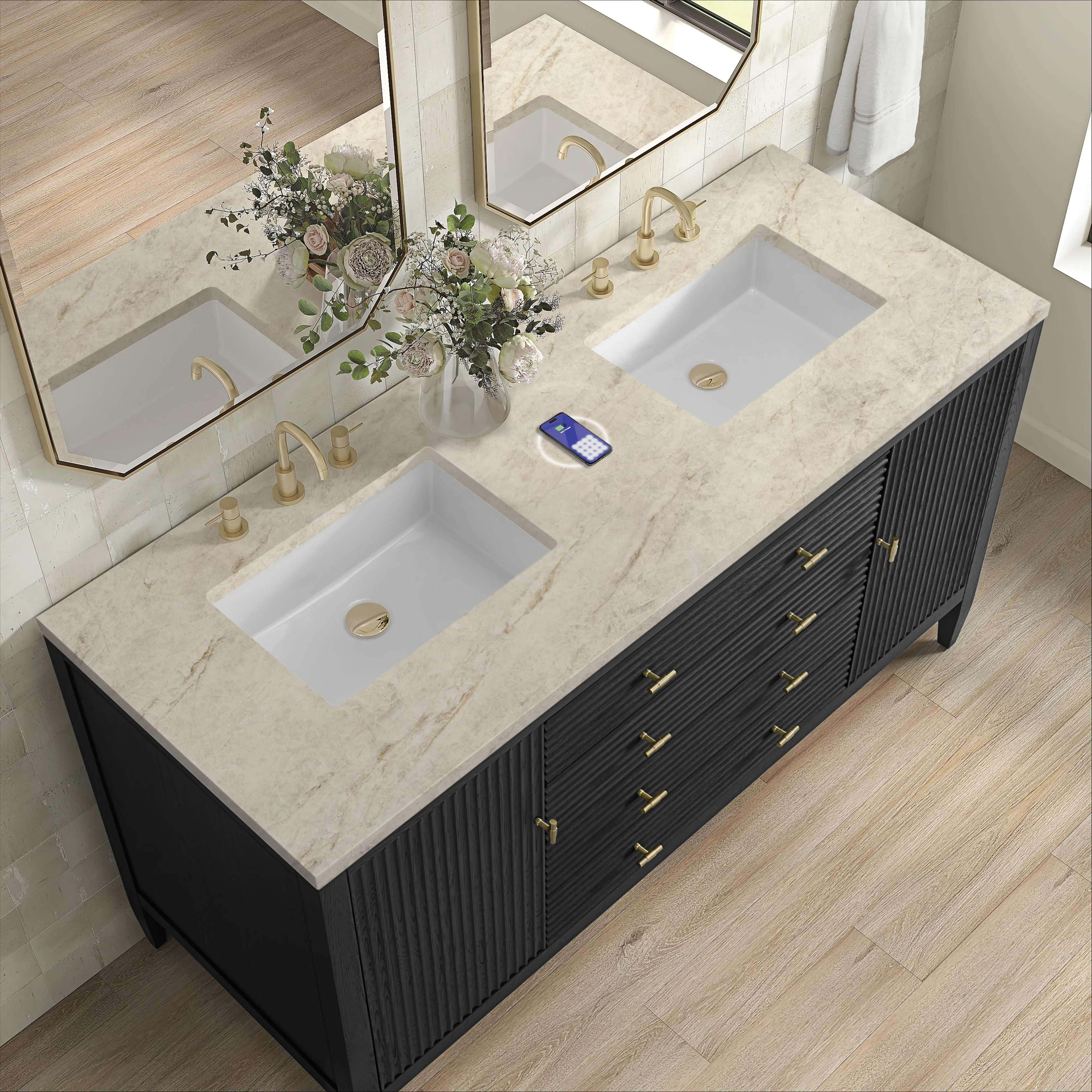 Myrrin 60" Double Vanity, Carbon Oak, w/ 3 CM Tajnar Eclos Top w/FreePower Wireless Charger