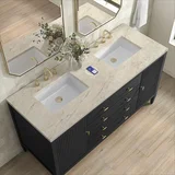 Myrrin 60" Double Vanity, Carbon Oak, w/ 3 CM Tajnar Eclos Top w/FreePower Wireless Charger