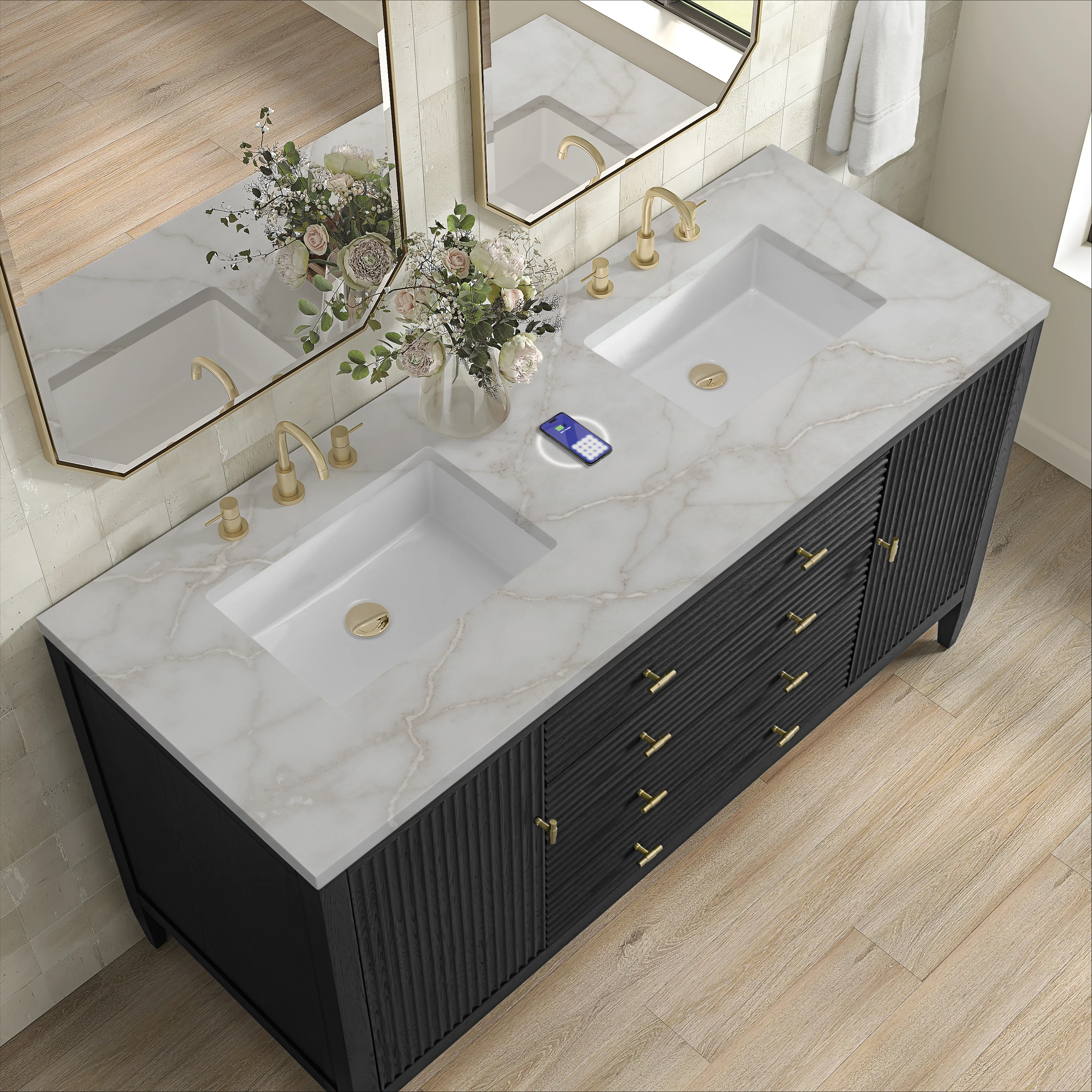 Myrrin 60" Double Vanity, Carbon Oak w/ 3 CM Victorian Silver Silestone Top w/FreePower Wireless Charger
