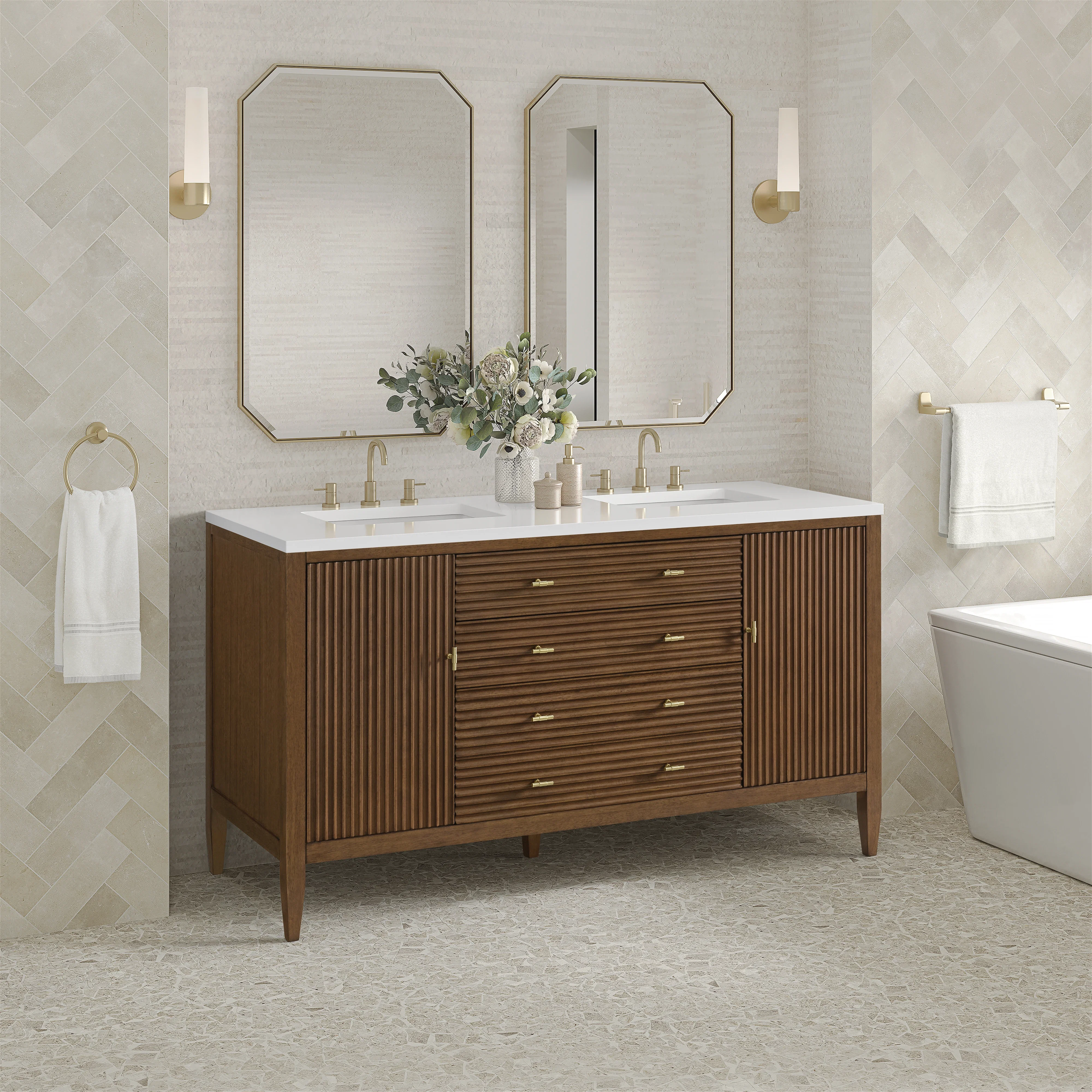 Myrrin 60" Double Vanity, Mid Century Walnut