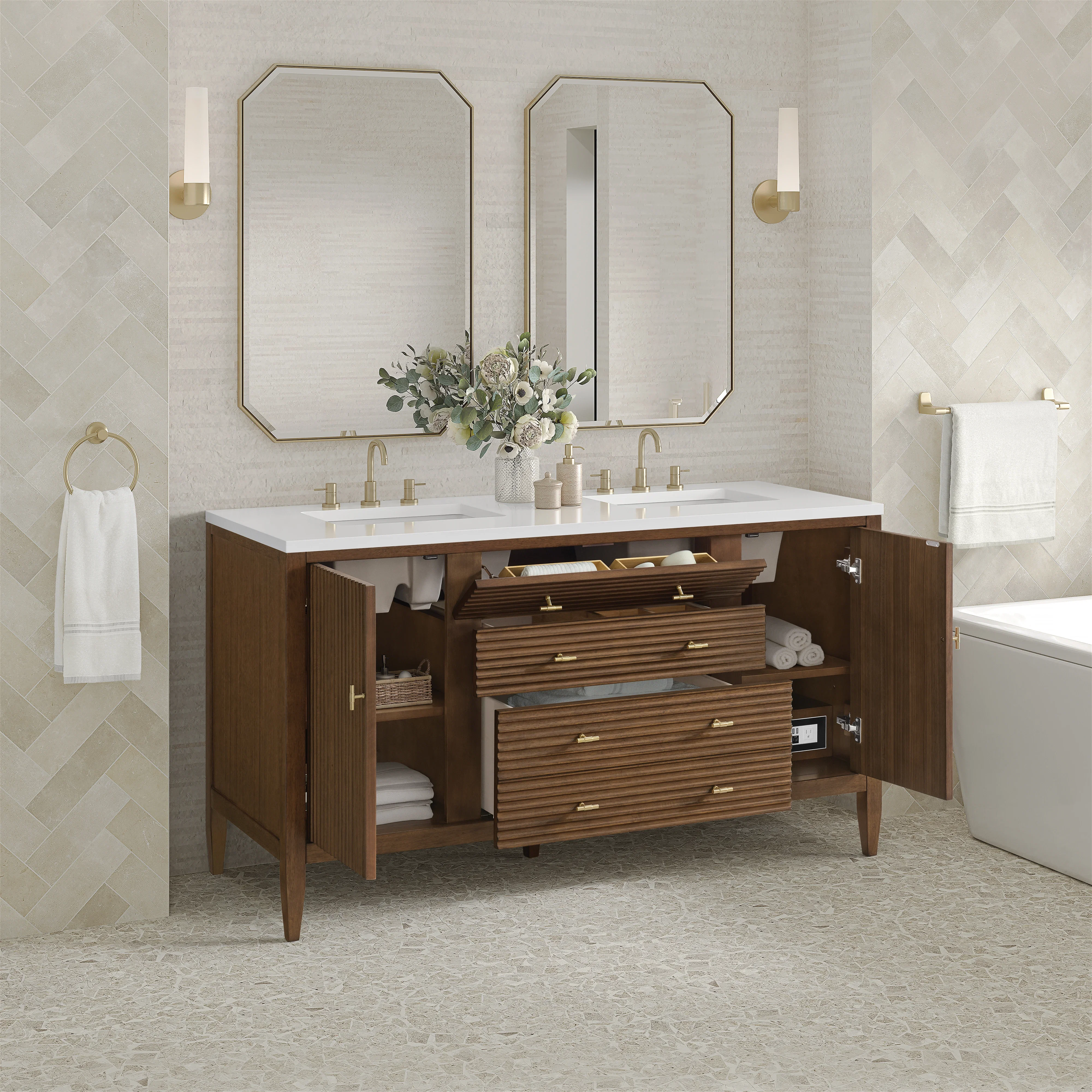 Myrrin 60" Double Vanity, Mid Century Walnut