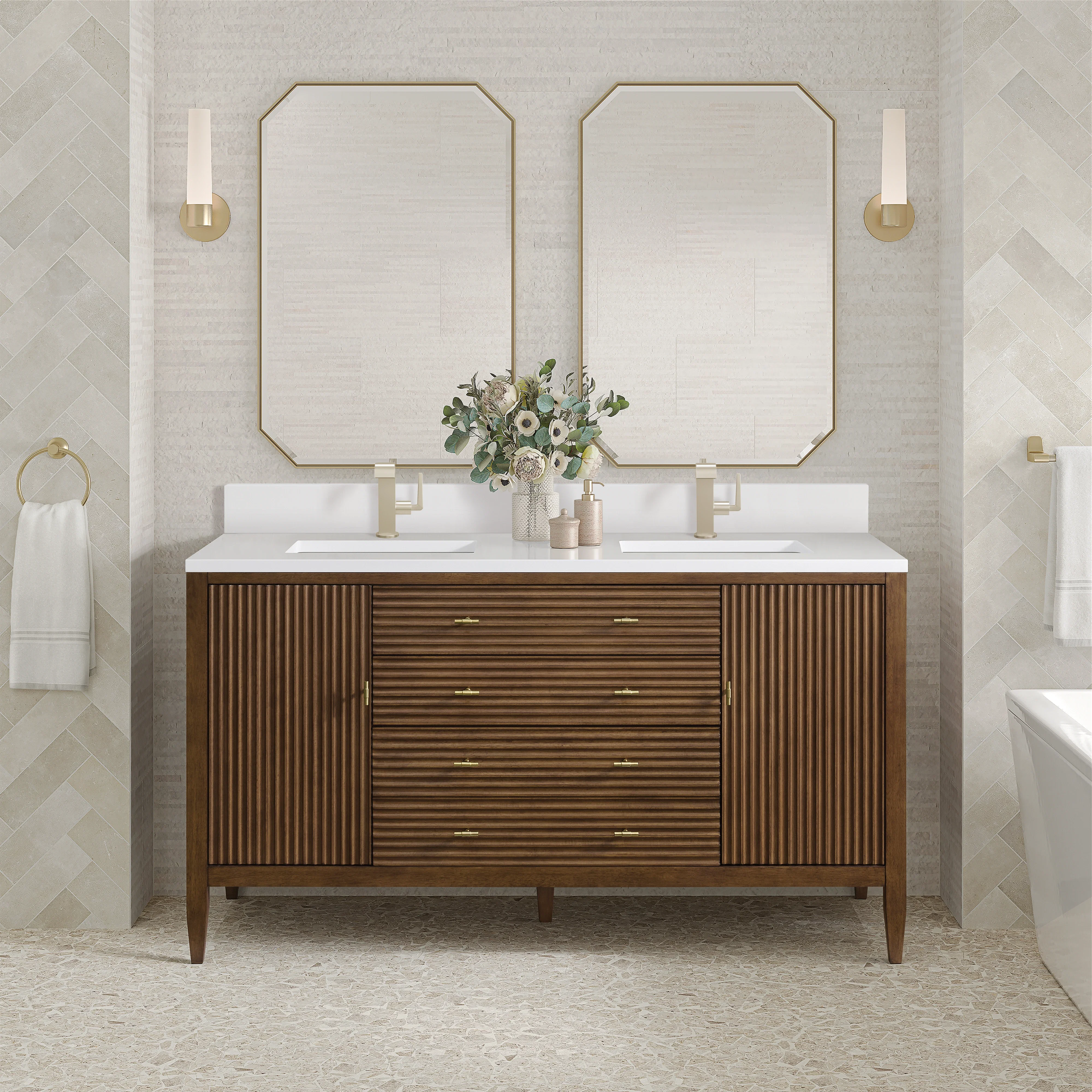 Myrrin 60" Double Vanity, Mid Century Walnut w/ Single Hole 3 CM White Zeus Silestone Top & Backsplash