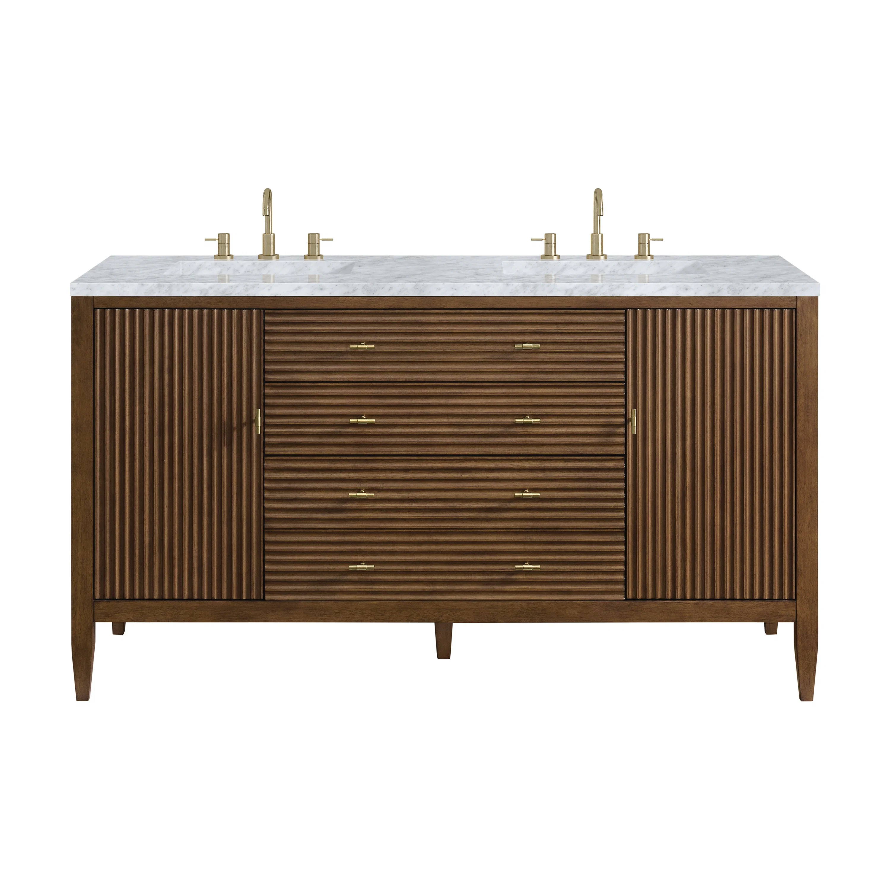 Myrrin 60" Double Vanity, Mid Century Walnut w/ 3 CM Carrara White Marble Top