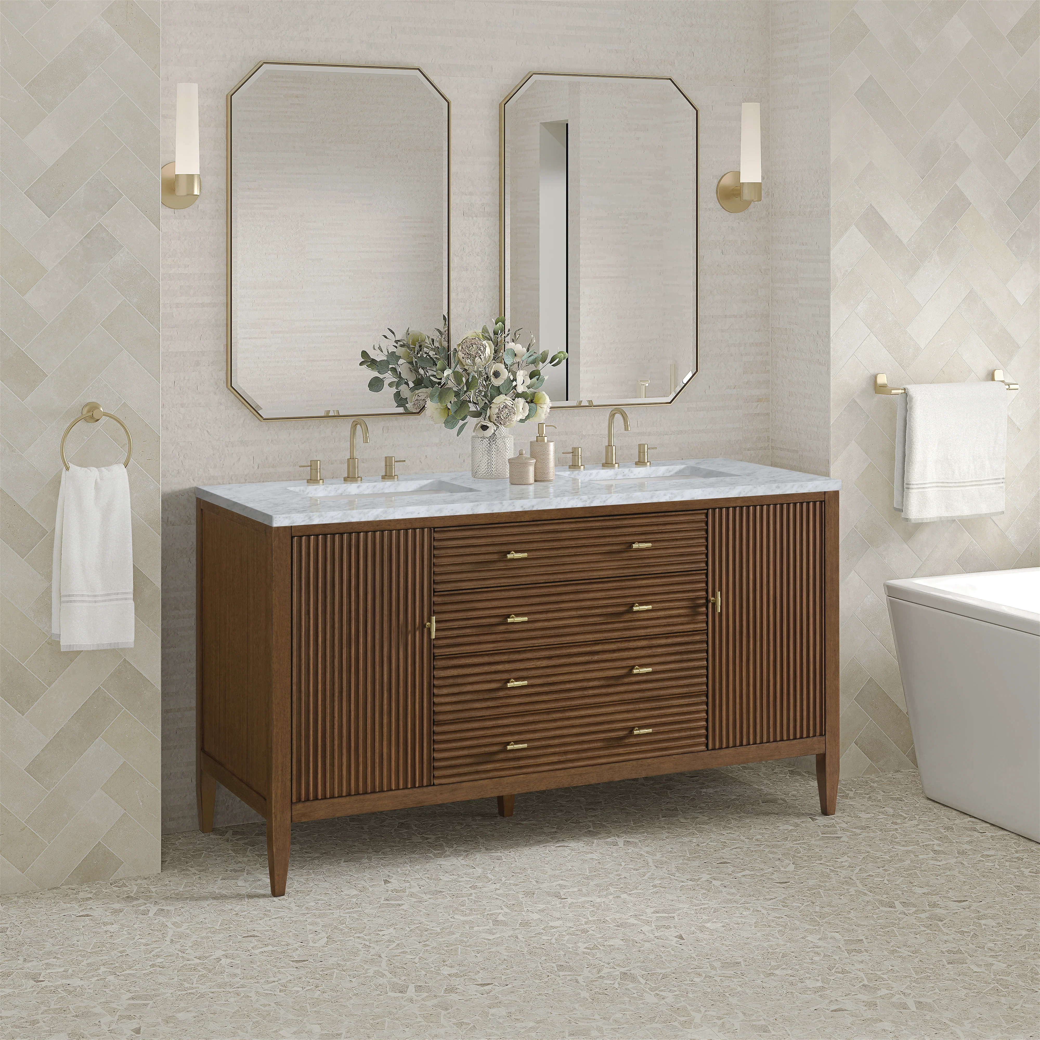Myrrin 60" Double Vanity, Mid Century Walnut w/ 3 CM Carrara White Marble Top