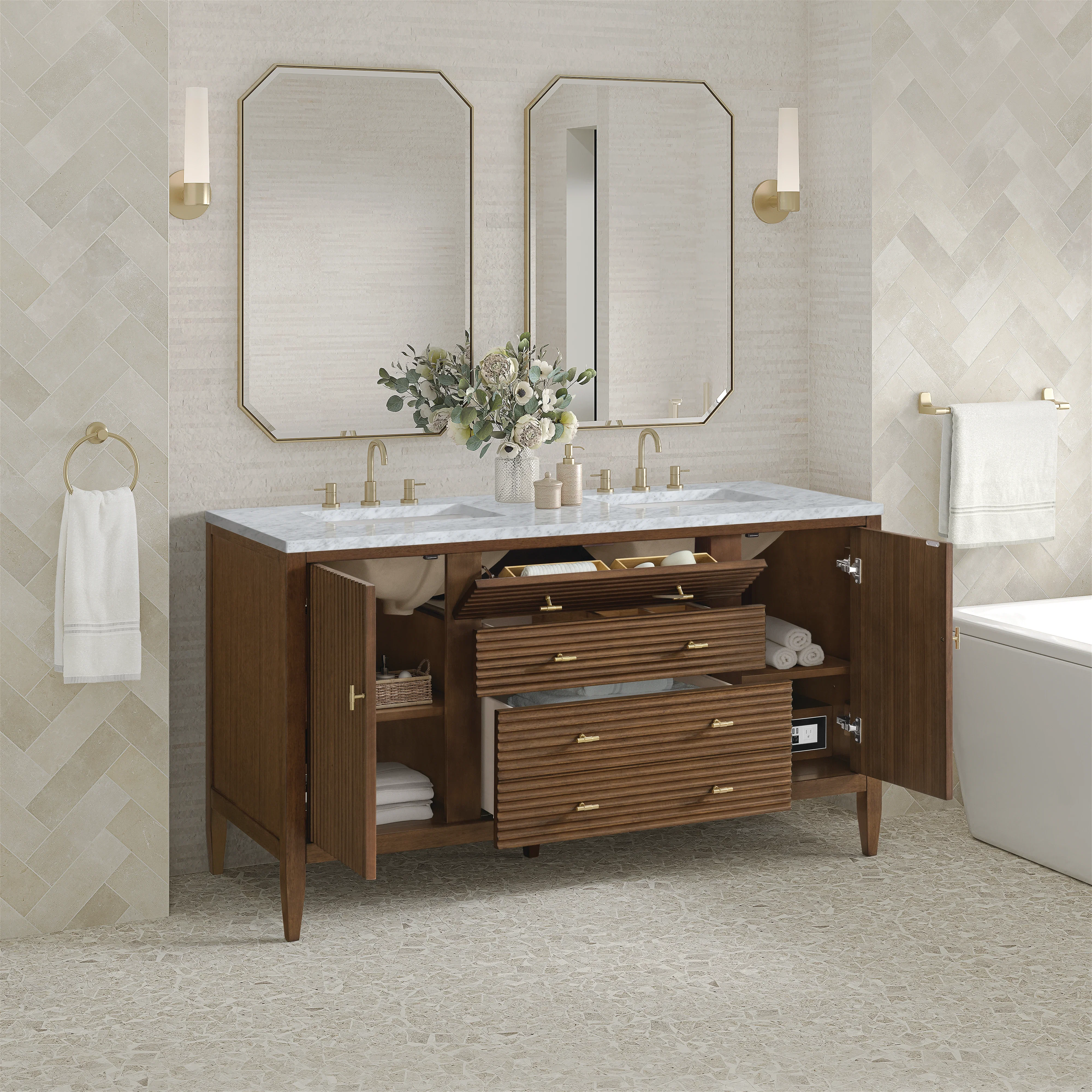 Myrrin 60" Double Vanity, Mid Century Walnut w/ 3 CM Carrara White Marble Top