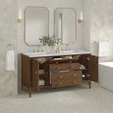 Myrrin 60" Double Vanity, Mid Century Walnut w/ 3 CM Carrara White Marble Top