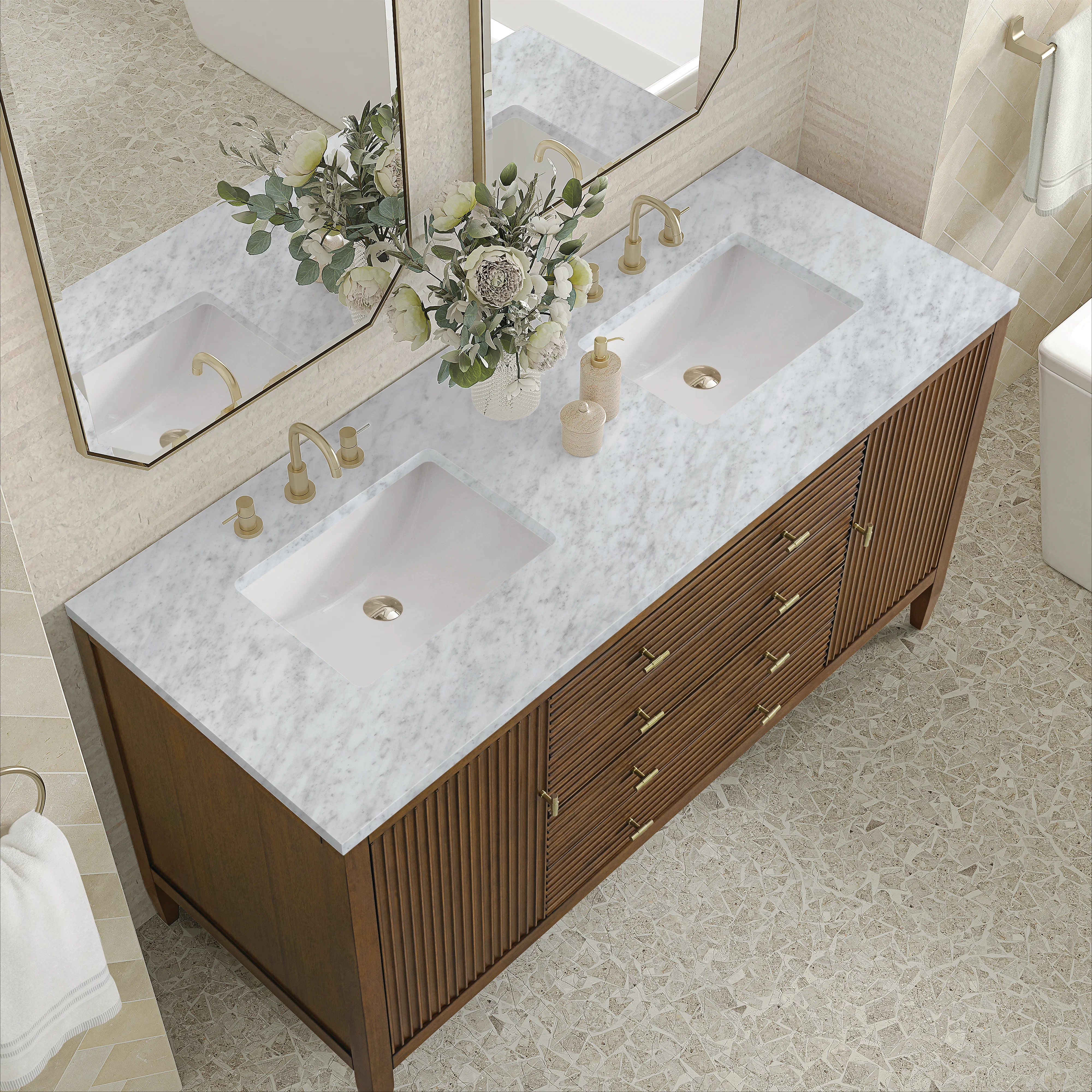 Myrrin 60" Double Vanity, Mid Century Walnut w/ 3 CM Carrara White Marble Top