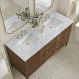 Myrrin 60" Double Vanity, Mid Century Walnut w/ 3 CM Carrara White Marble Top