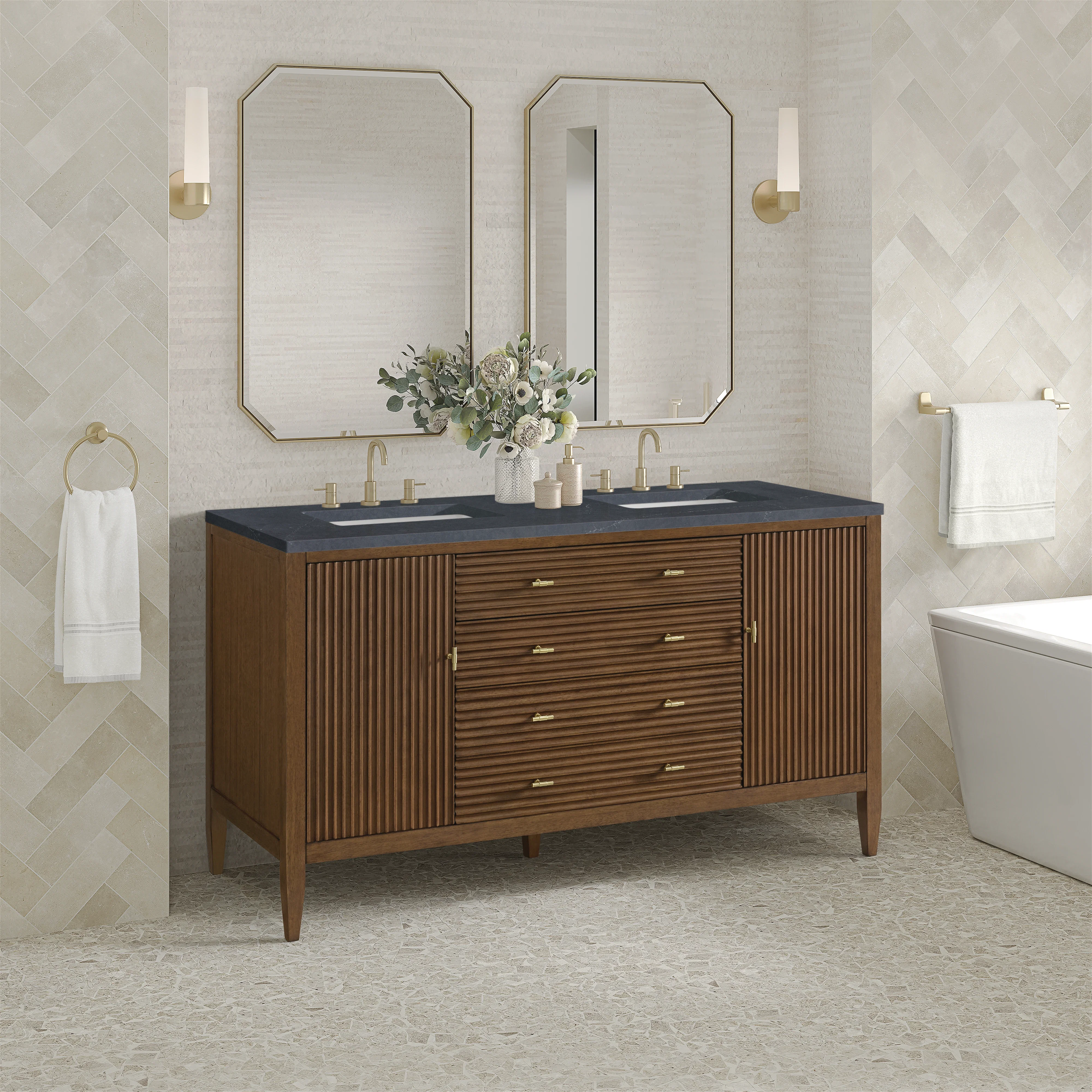 Myrrin 60" Double Vanity, Mid Century Walnut w/ 3 CM Charcoal Soapstone Silestone Top