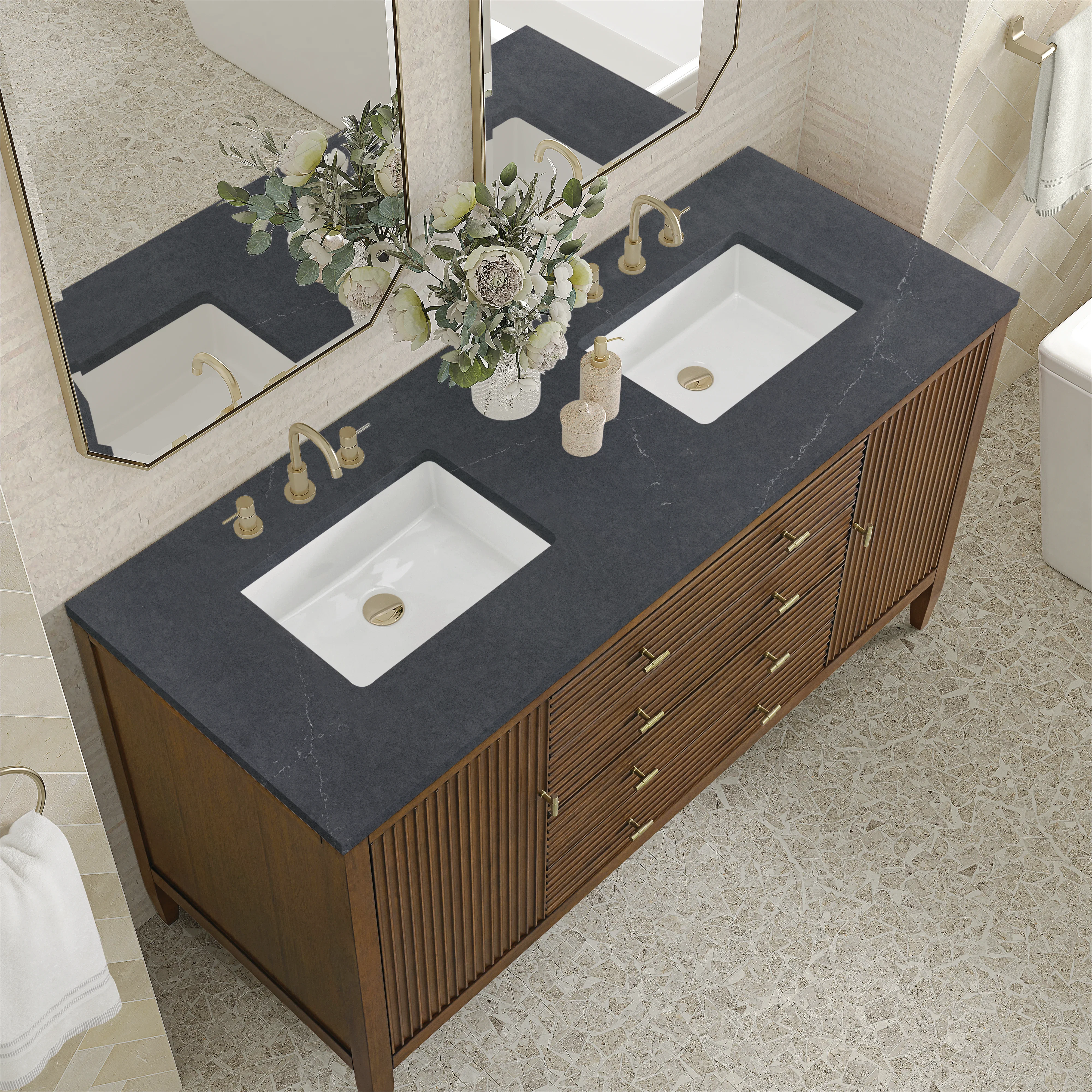 Myrrin 60" Double Vanity, Mid Century Walnut w/ 3 CM Charcoal Soapstone Silestone Top