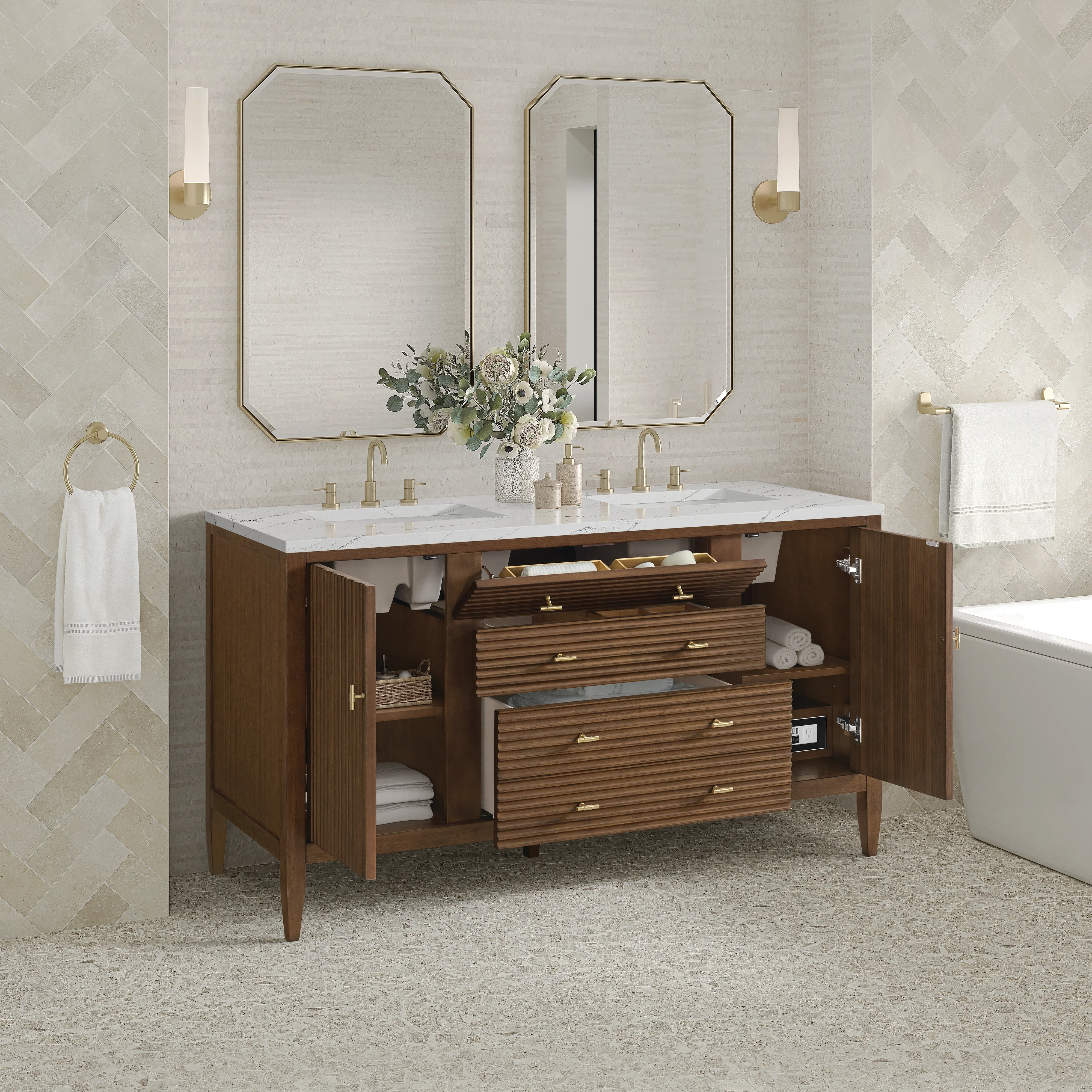 Myrrin 60" Double Vanity, Mid Century Walnut w/ 3 CM Ethereal Noctis Silestone Top