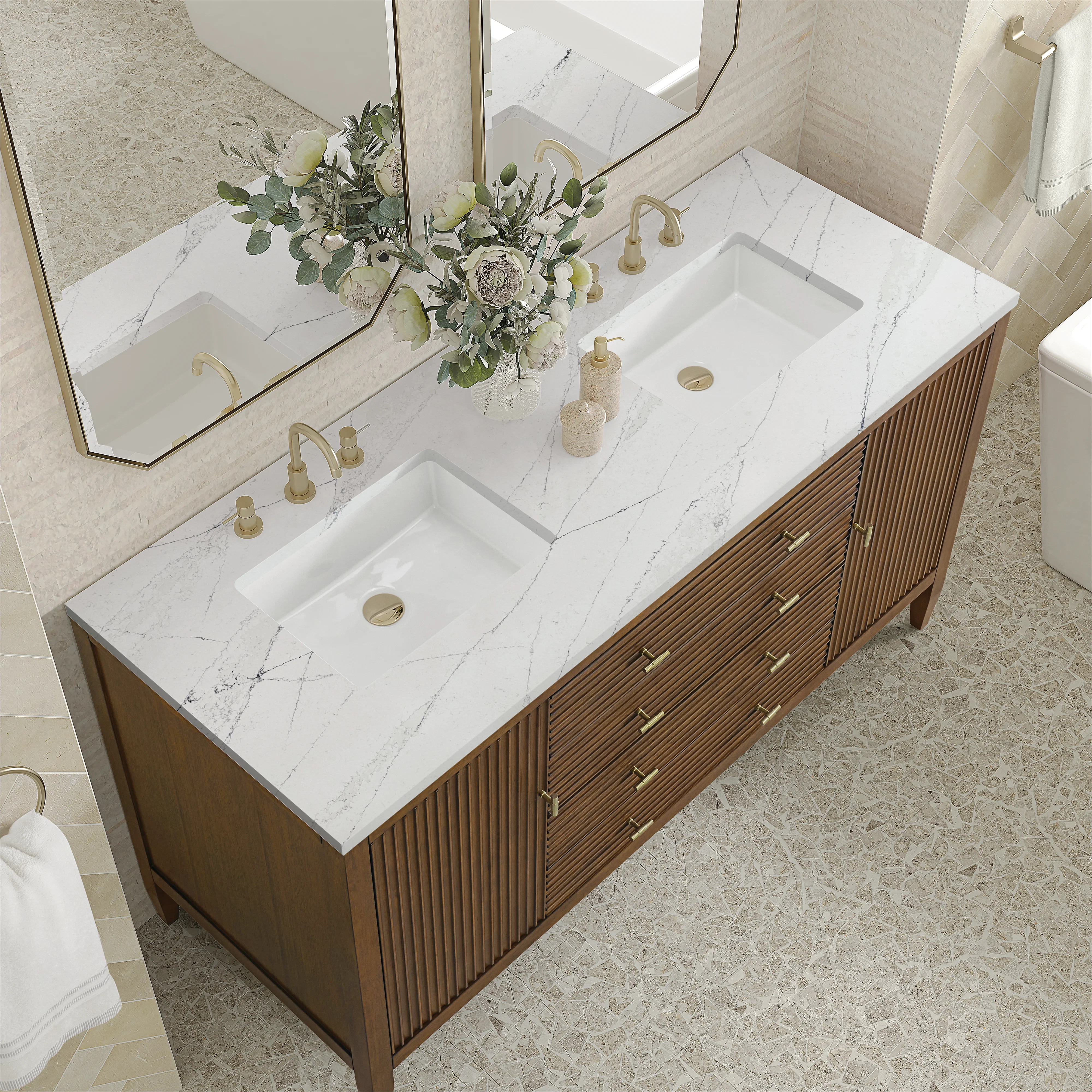 Myrrin 60" Double Vanity, Mid Century Walnut w/ 3 CM Ethereal Noctis Silestone Top