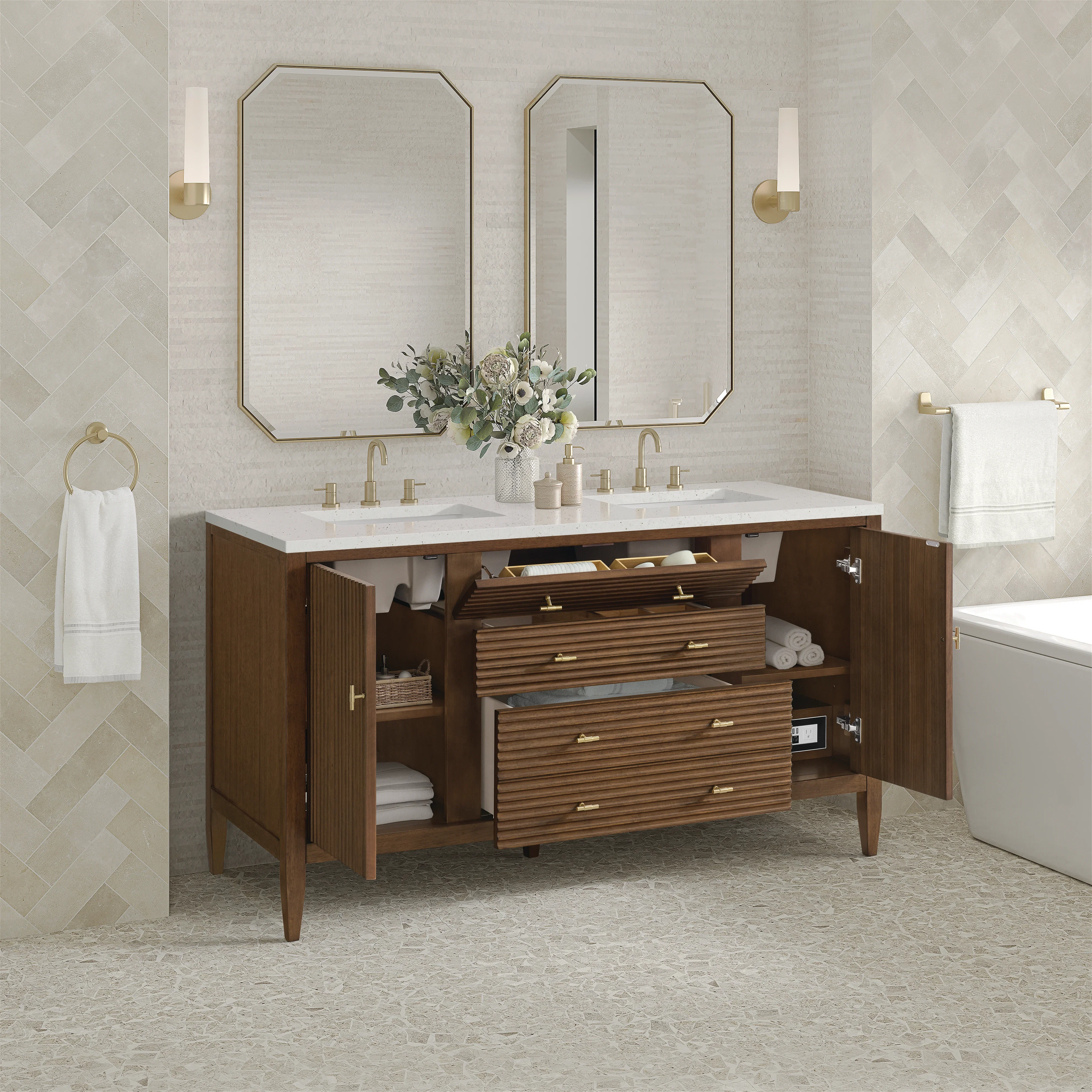 Myrrin 60" Double Vanity, Mid Century Walnut w/ 3 CM Lime Delight Silestone Top