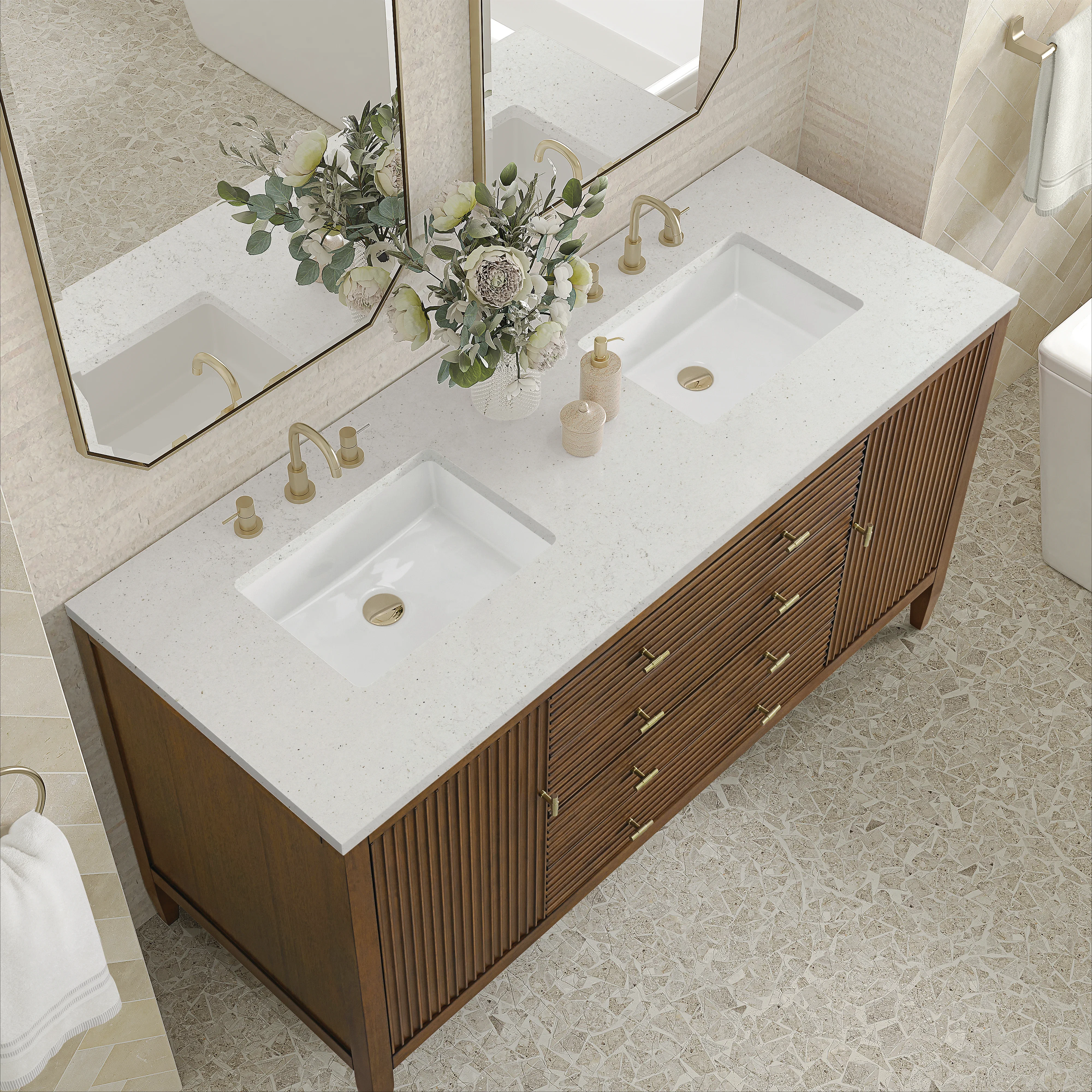 Myrrin 60" Double Vanity, Mid Century Walnut w/ 3 CM Lime Delight Silestone Top