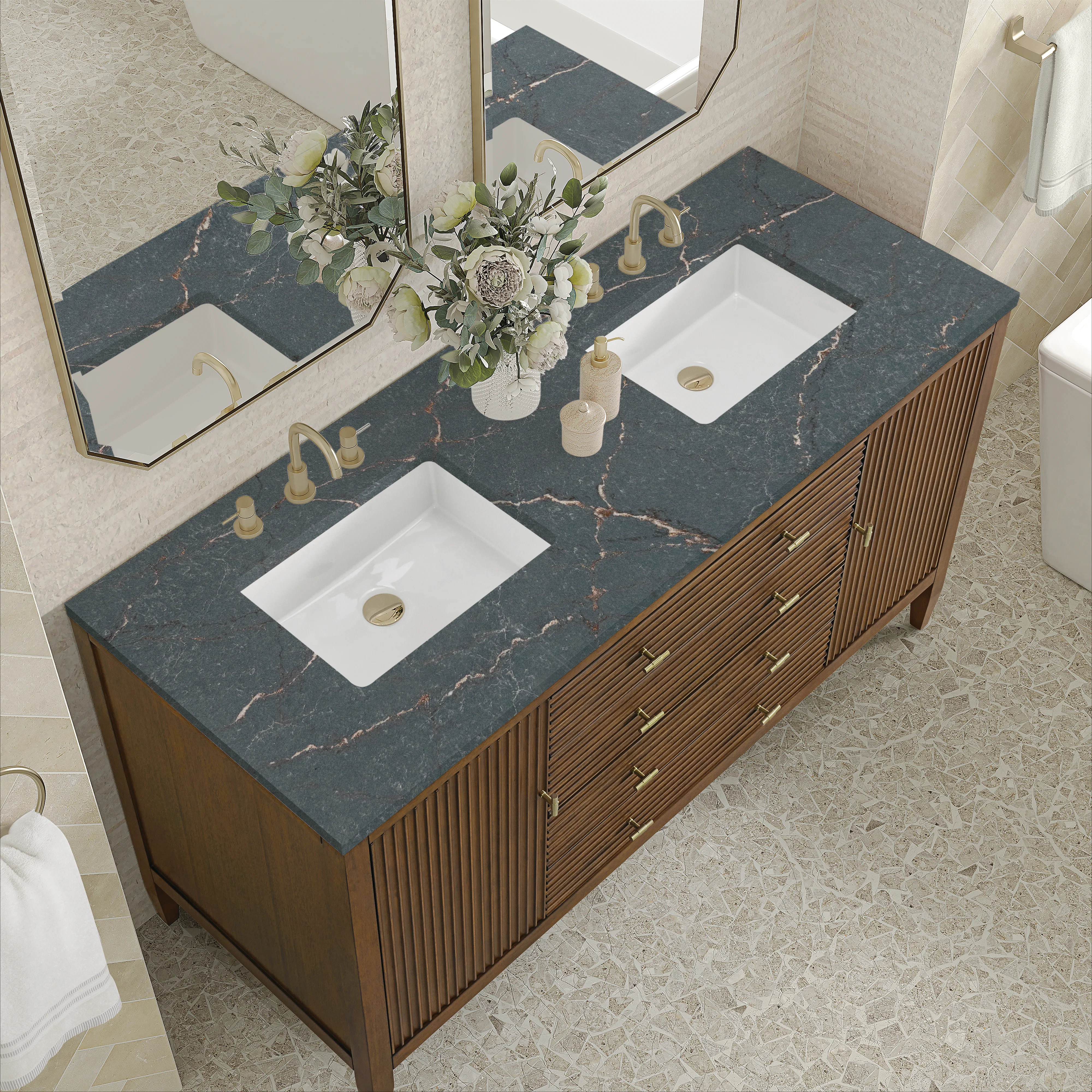 Myrrin 60" Double Vanity, Mid Century Walnut w/ 3 CM Parisien Bleu Silestone Top