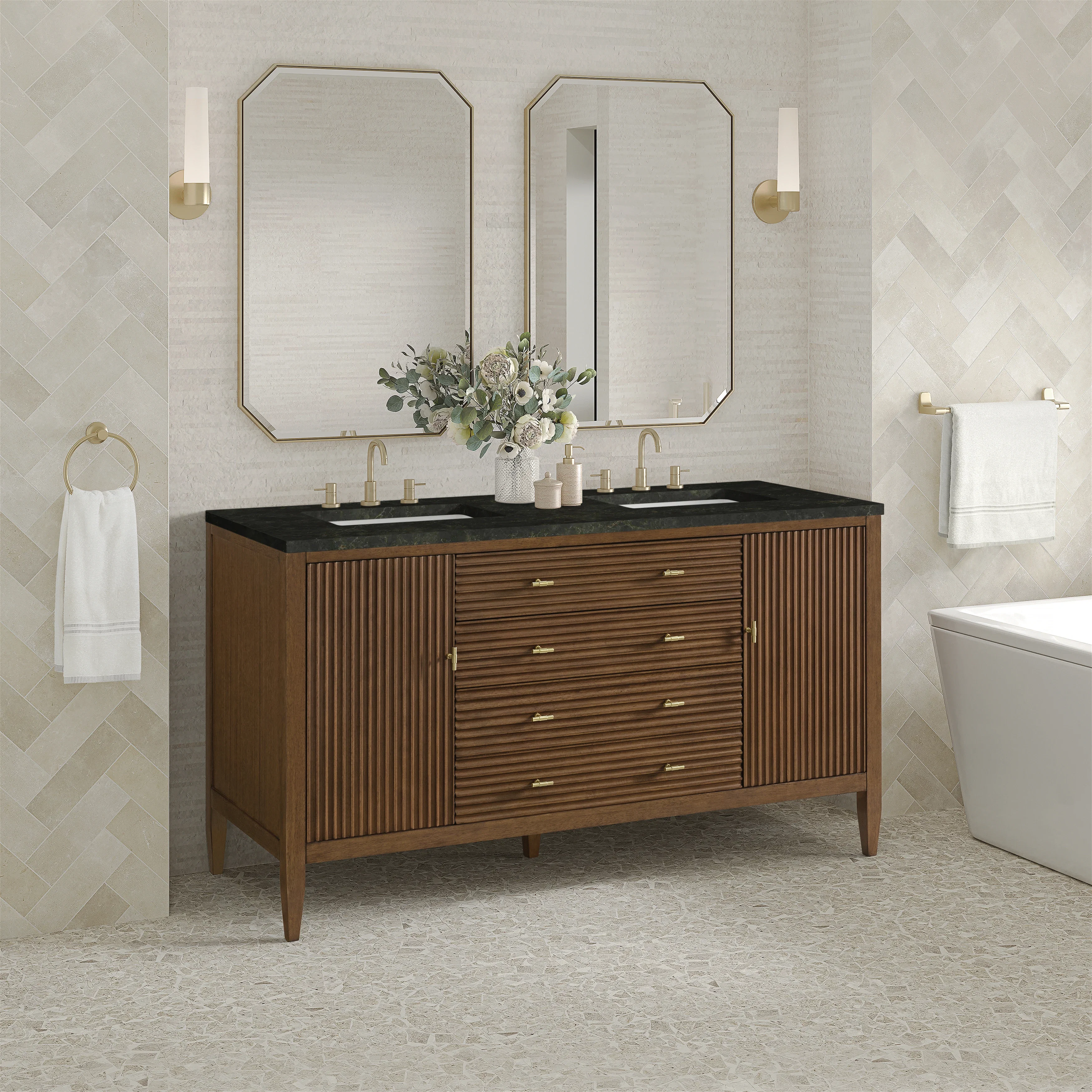 Myrrin 60" Double Vanity, Mid Century Walnut, w/ 3 CM Phantome Eclos Top