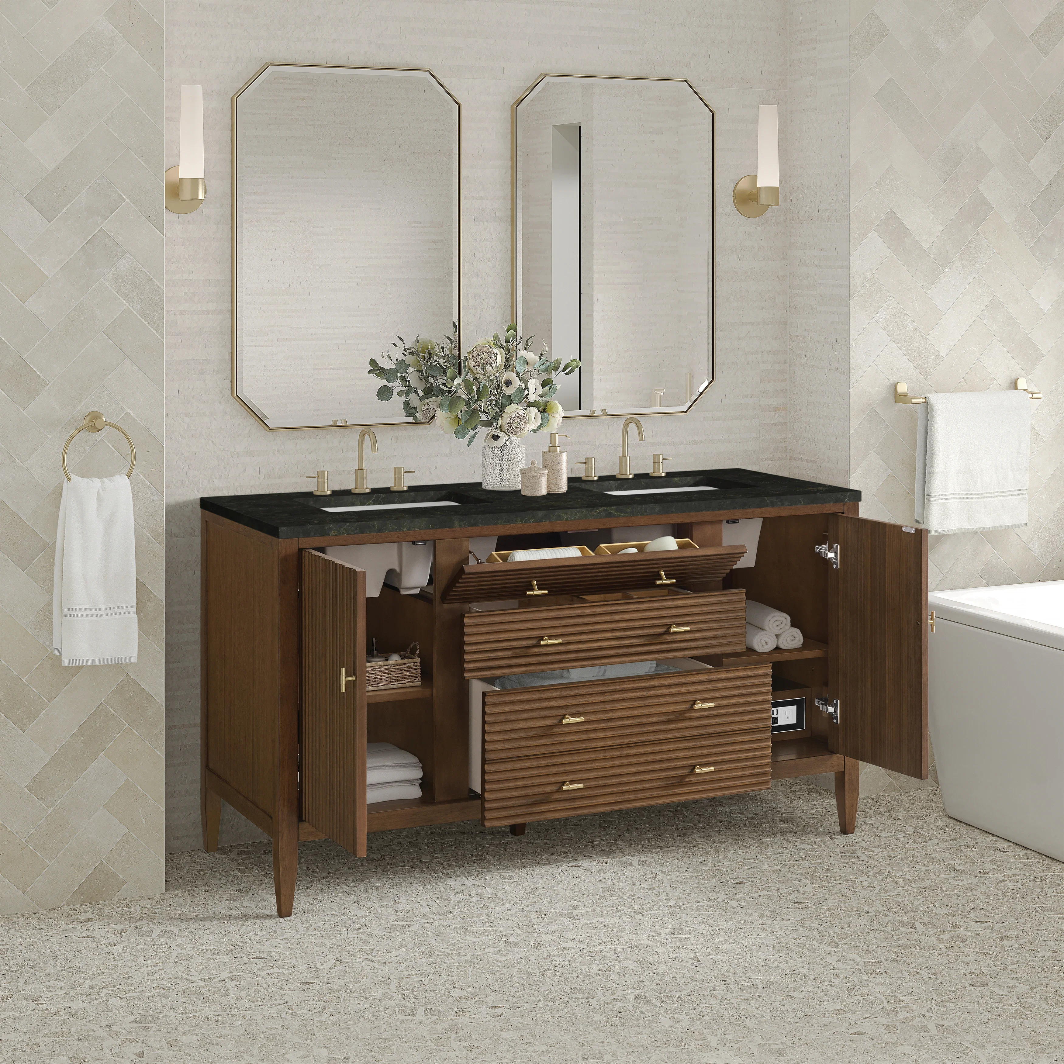 Myrrin 60" Double Vanity, Mid Century Walnut, w/ 3 CM Phantome Eclos Top