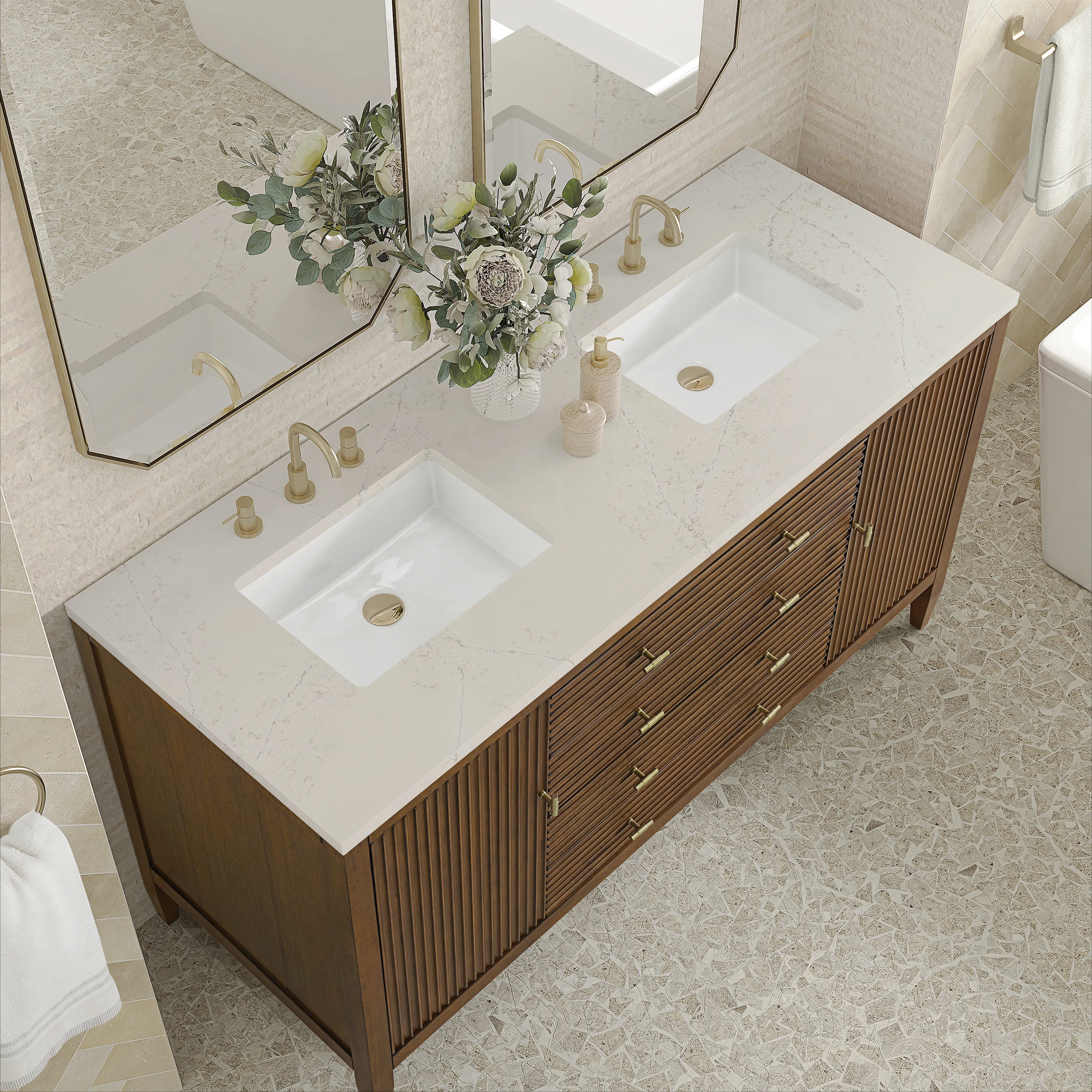 Myrrin 60" Double Vanity, Mid Century Walnut, w/ 3 CM Siberian Silestone Top