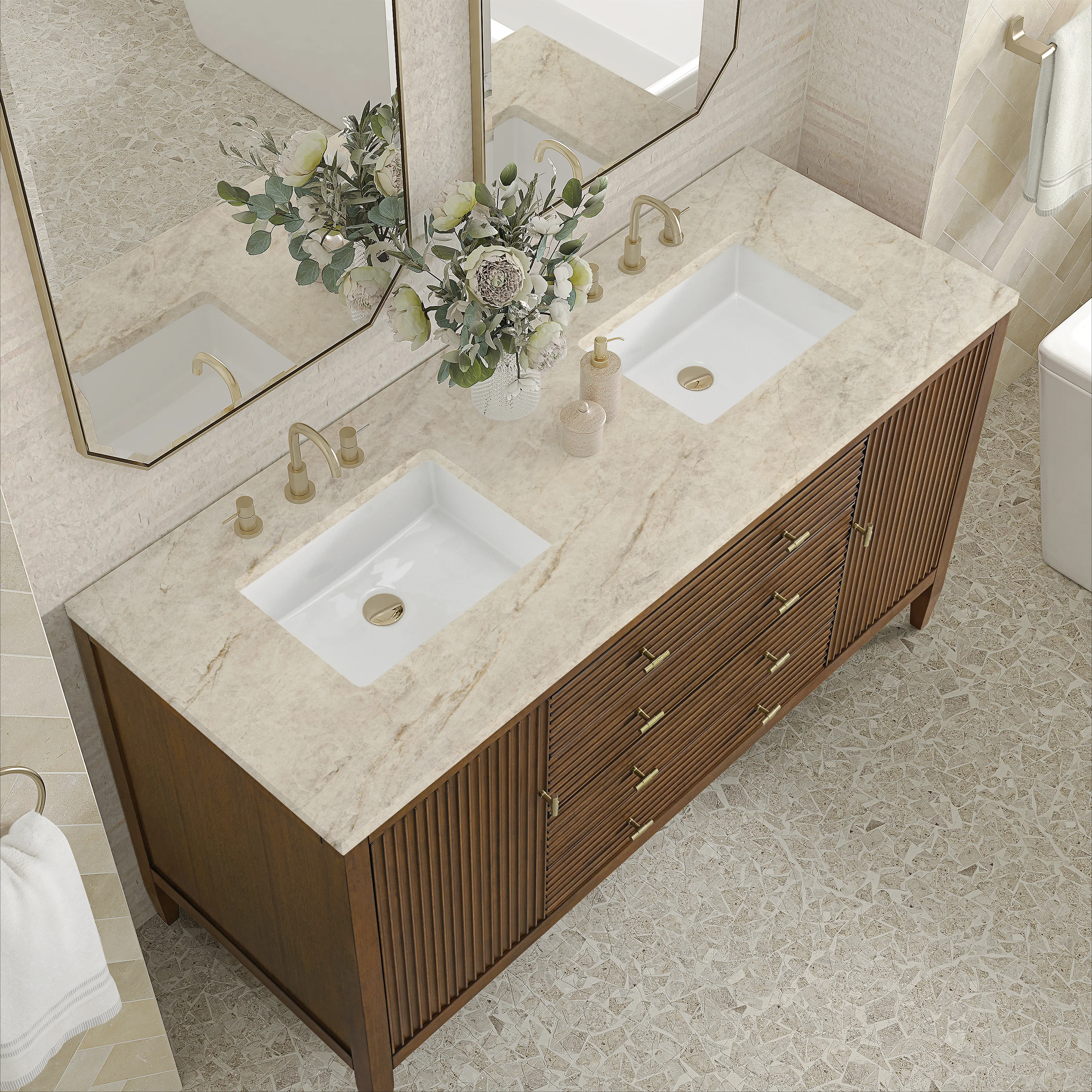 Myrrin 60" Double Vanity, Mid Century Walnut, w/ 3 CM Tajnar Eclos Top