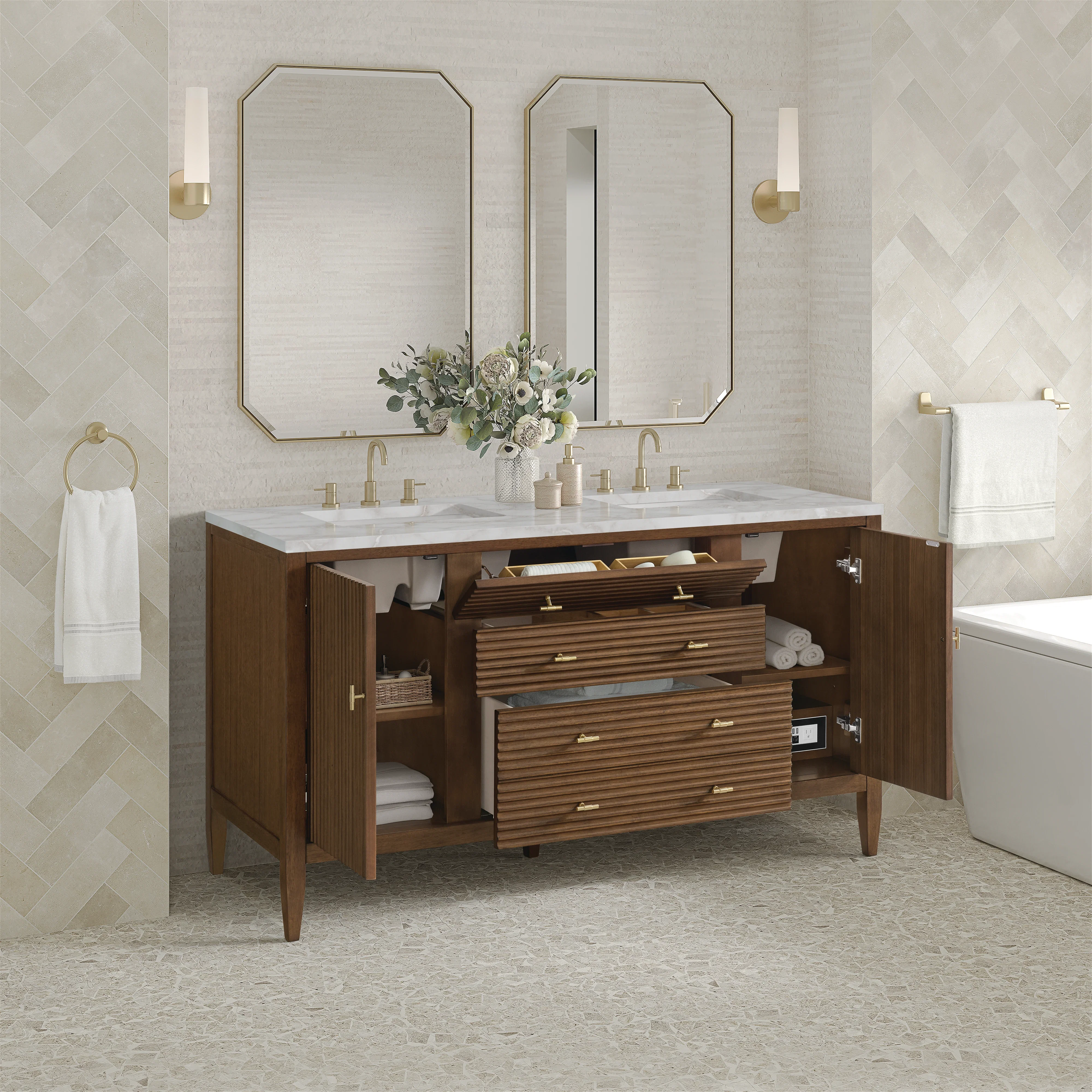 Myrrin 60" Double Vanity, Mid Century Walnut w/ 3 CM Victorian Silver Silestone Top