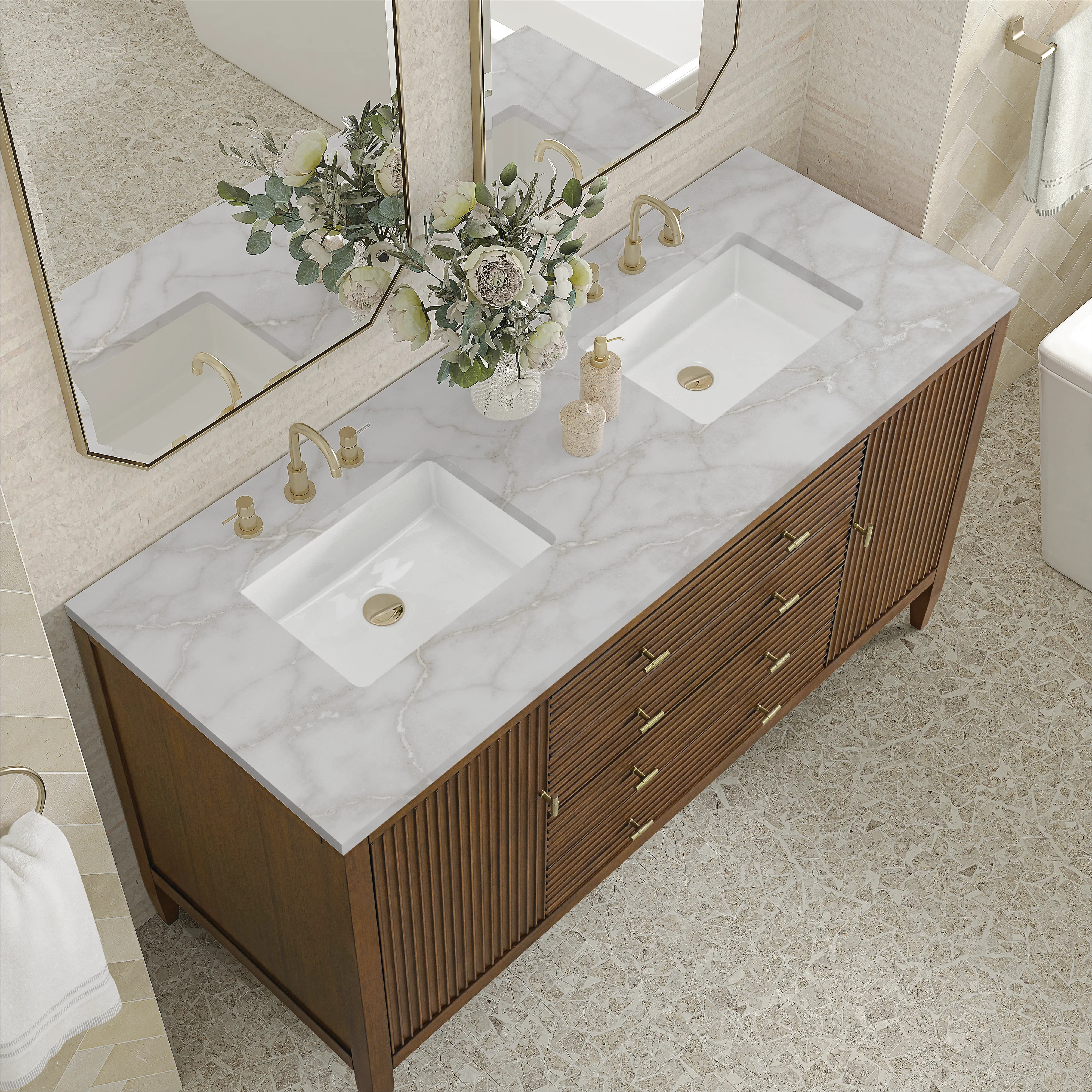 Myrrin 60" Double Vanity, Mid Century Walnut w/ 3 CM Victorian Silver Silestone Top