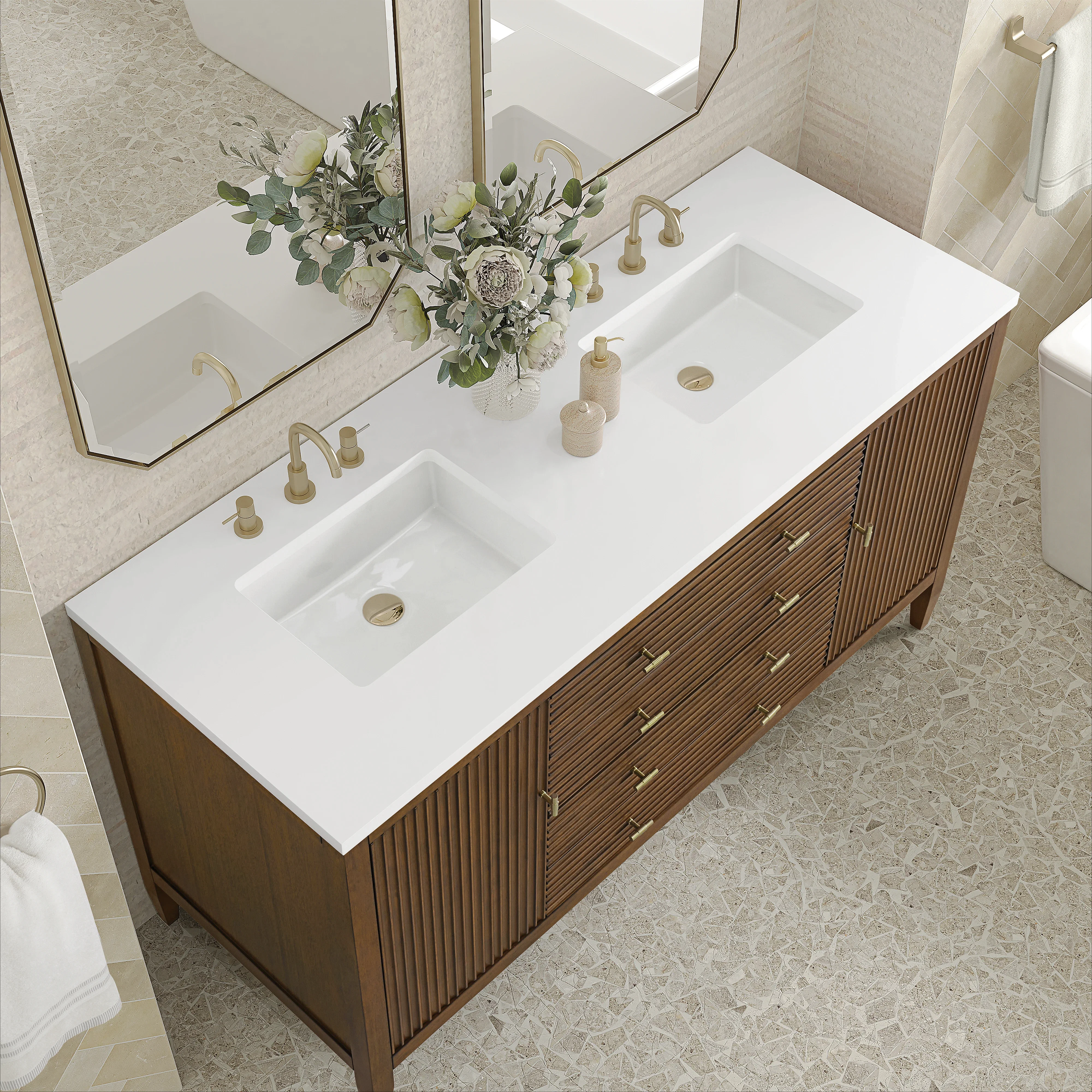 Myrrin 60" Double Vanity, Mid Century Walnut w/ 3 CM White Zeus Silestone Top