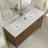 Myrrin 60" Double Vanity, Mid Century Walnut w/ 3 CM Eternal Jasmine Pearl Silestone Top w/FreePower Wireless Charger