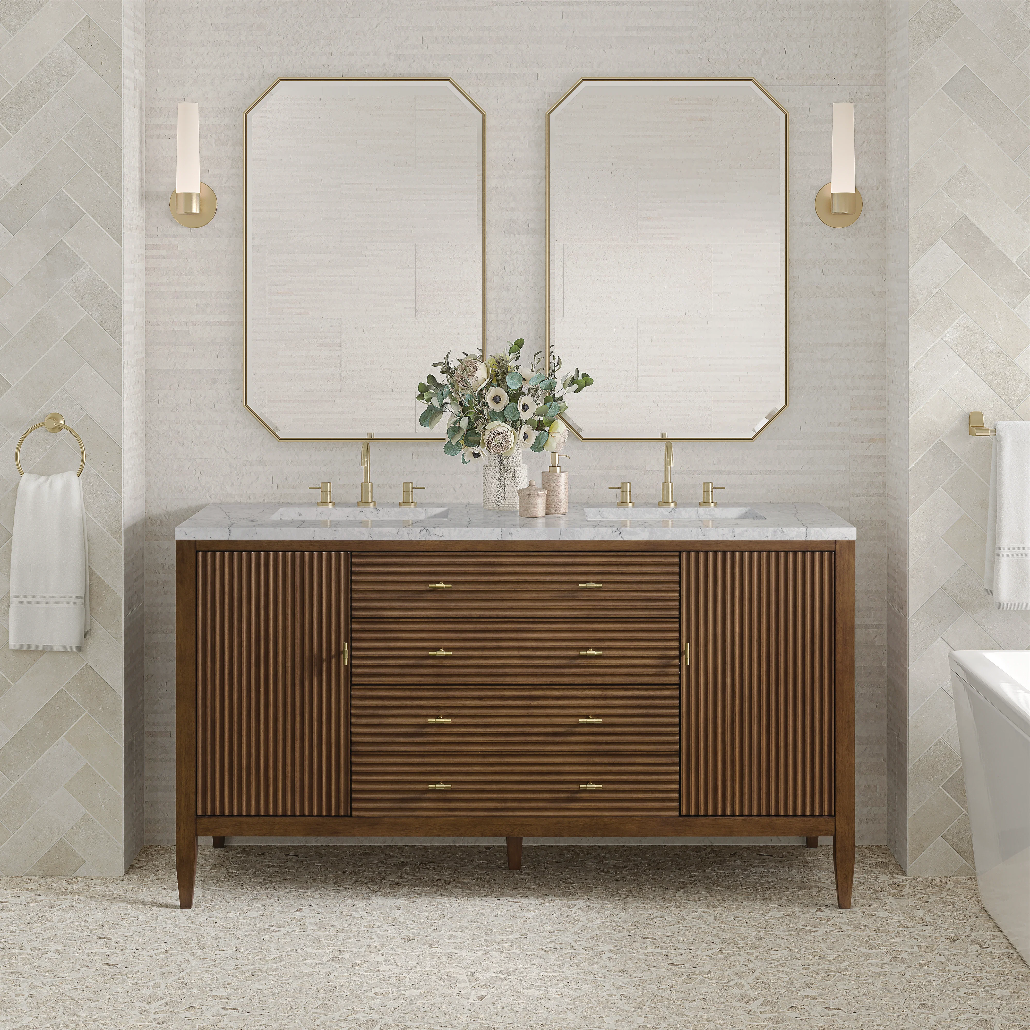 Myrrin 60" Double Vanity, Mid Century Walnut w/ 3 CM Eternal Jasmine Pearl Silestone Top w/FreePower Wireless Charger