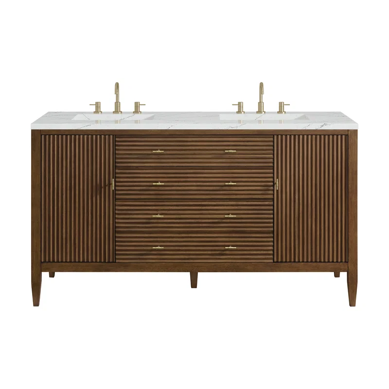 Myrrin 60" Double Vanity, Mid Century Walnut w/ 3 CM Ethereal Noctis Silestone Top w/FreePower Wireless Charger