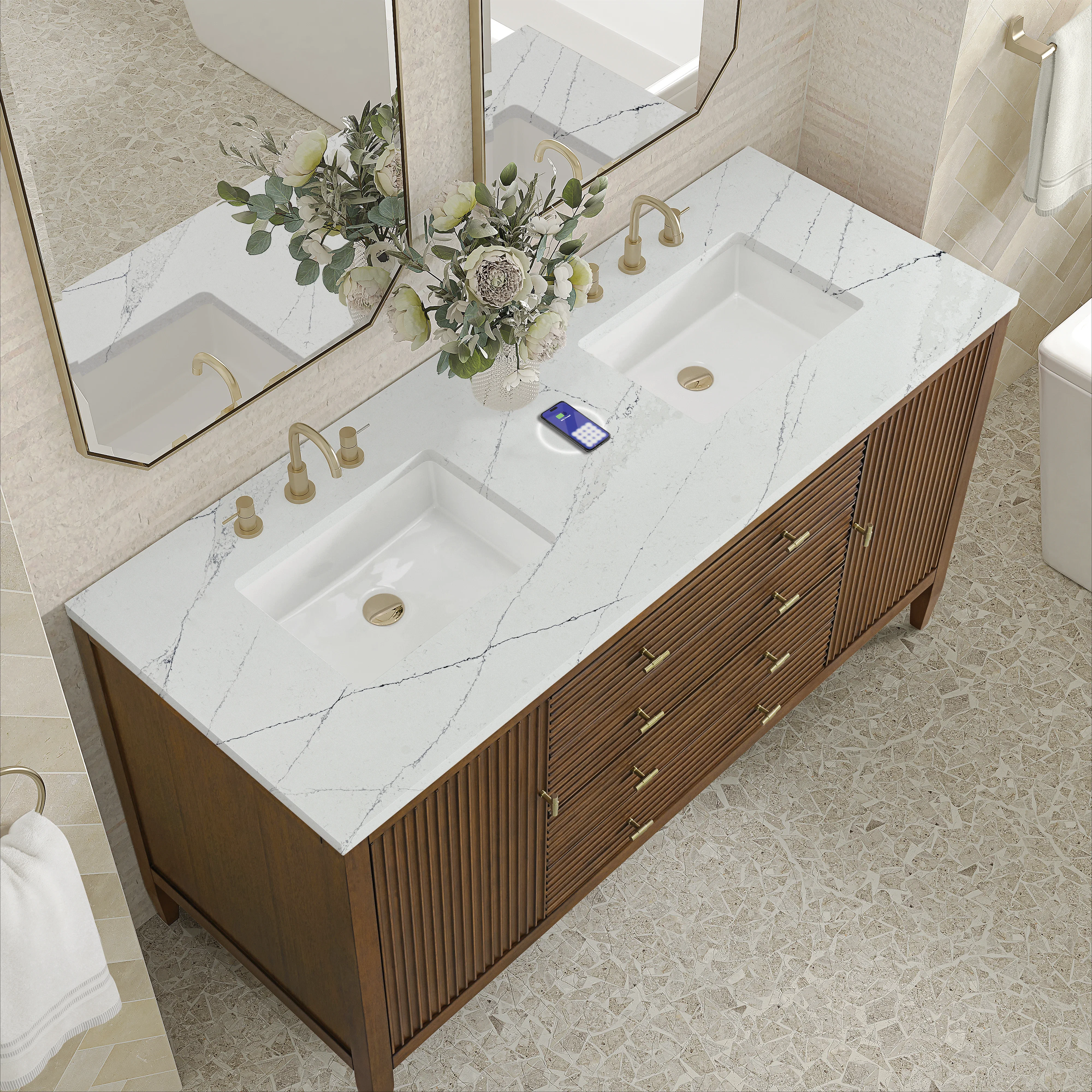 Myrrin 60" Double Vanity, Mid Century Walnut w/ 3 CM Ethereal Noctis Silestone Top w/FreePower Wireless Charger