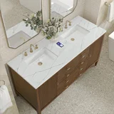 Myrrin 60" Double Vanity, Mid Century Walnut w/ 3 CM Ethereal Noctis Silestone Top w/FreePower Wireless Charger