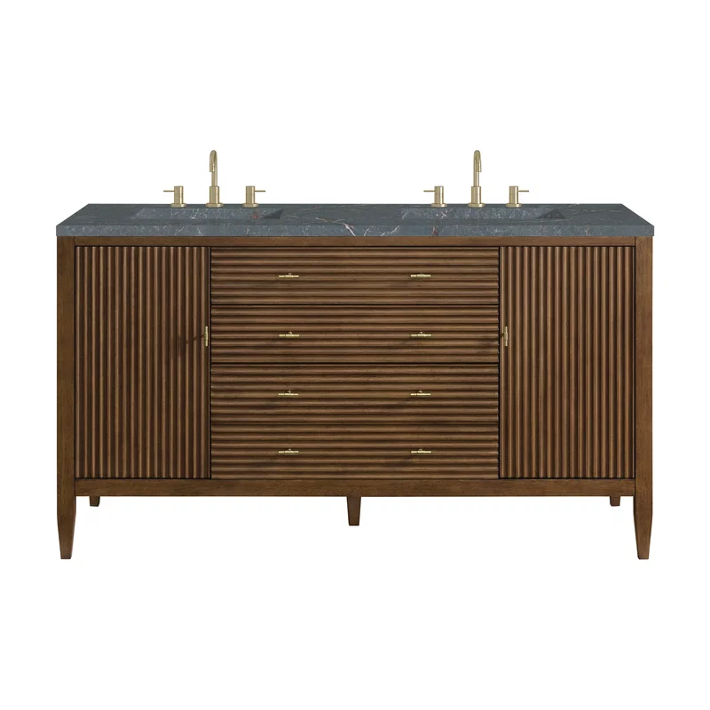 Myrrin 60" Double Vanity, Mid Century Walnut w/ 3 CM Parisien Bleu Silestone Top w/FreePower Wireless Charger