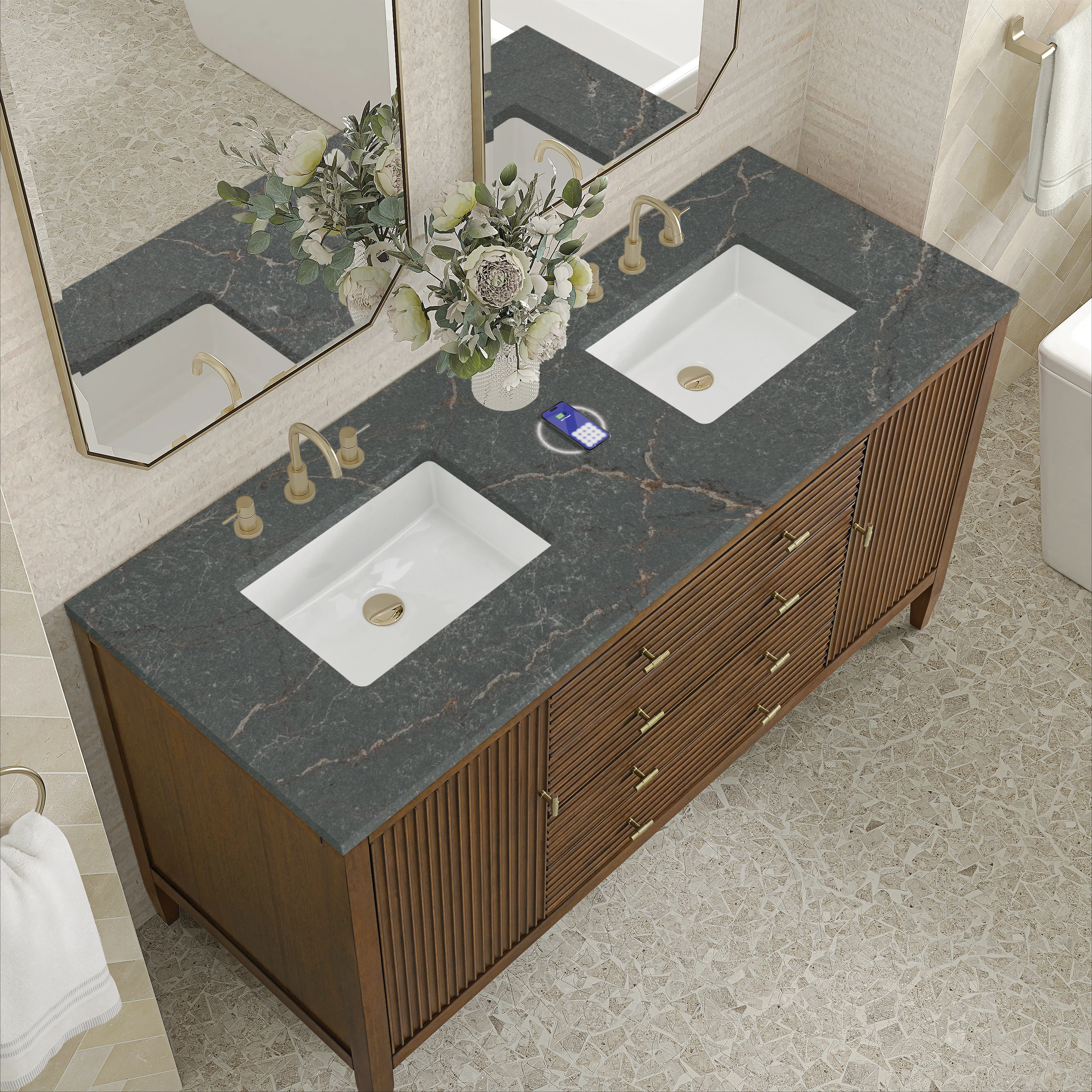 Myrrin 60" Double Vanity, Mid Century Walnut w/ 3 CM Parisien Bleu Silestone Top w/FreePower Wireless Charger